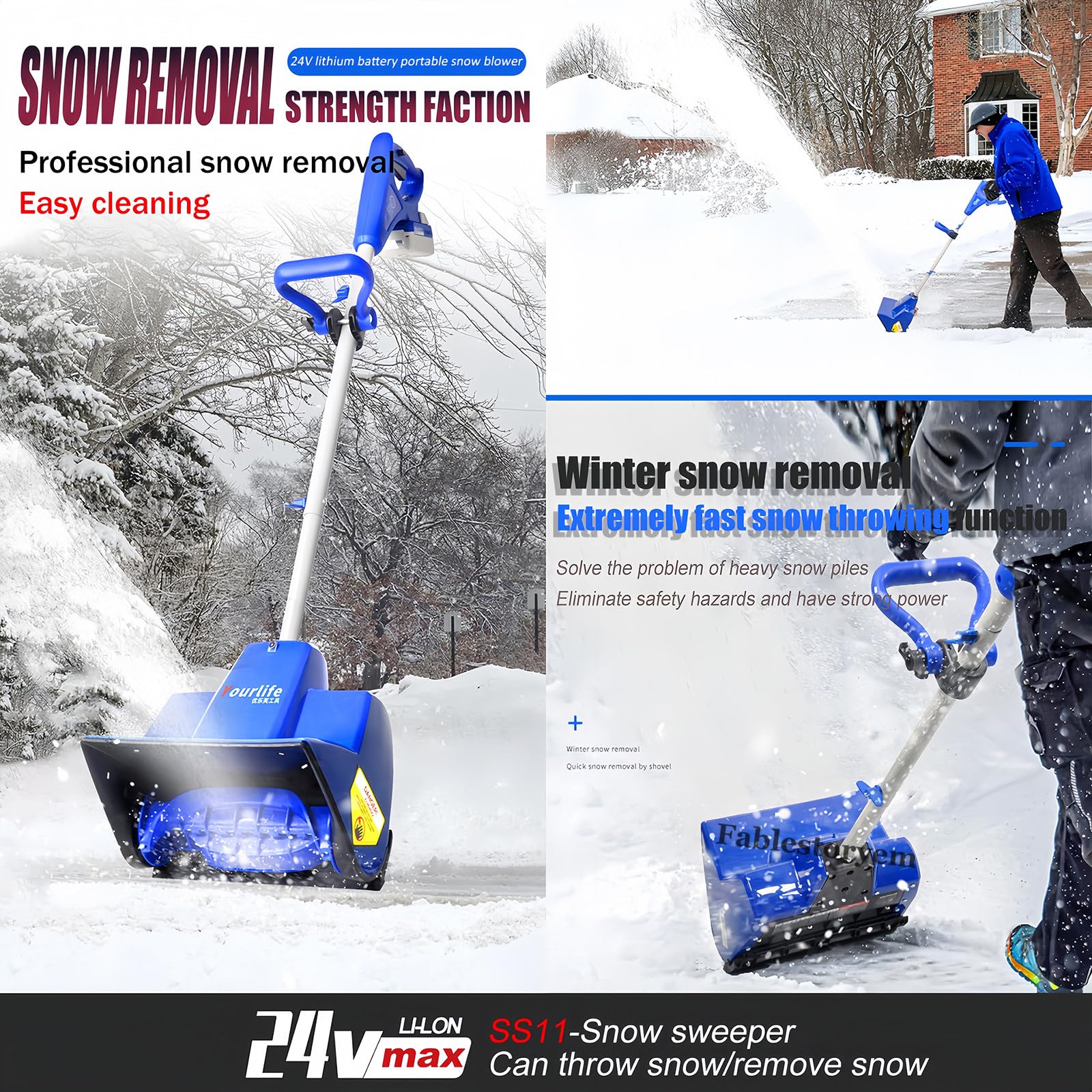Pala da Neve Senza Fili da 24V e 28CM, Spazzaneve a Batteria, Pala da Neve Elettrica, Distanza di Lancio di 6M, Batteria Agli Ioni di Litio da 24V/4,0Ah e Caricabatterie Rapido Inclusi,1Battery