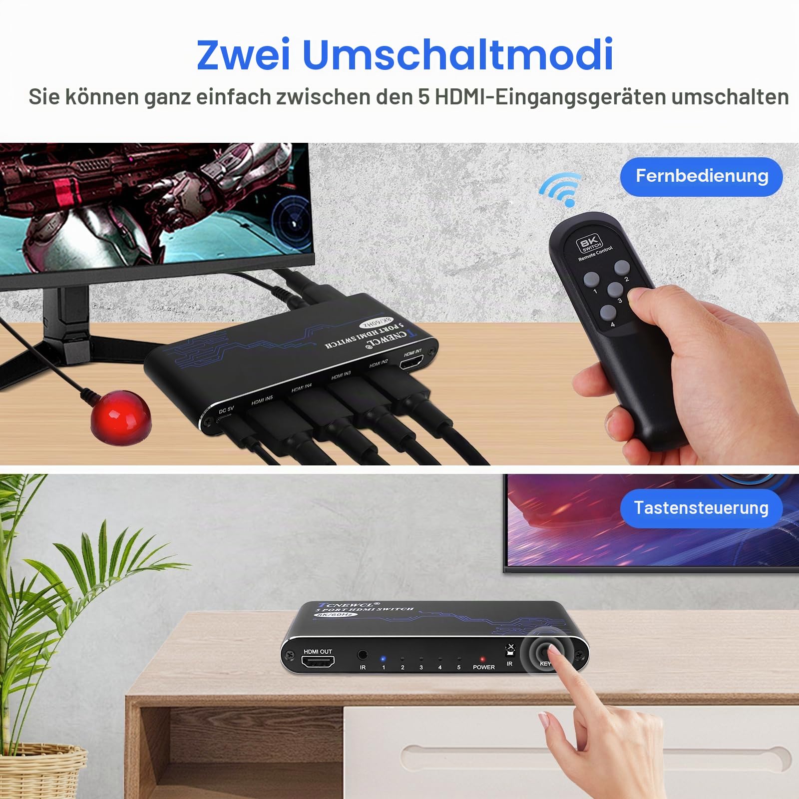 TCNEWCL HDMI Switch 5 in 1 Out, 8K/60Hz und 4K/120Hz HDMI 2.1 Umschalter, Selector Video Umschaltpulte mit IR Fernbedienung, für PS5/PS4/Xbox/Blu-Ray-Player/HDTV/DVD