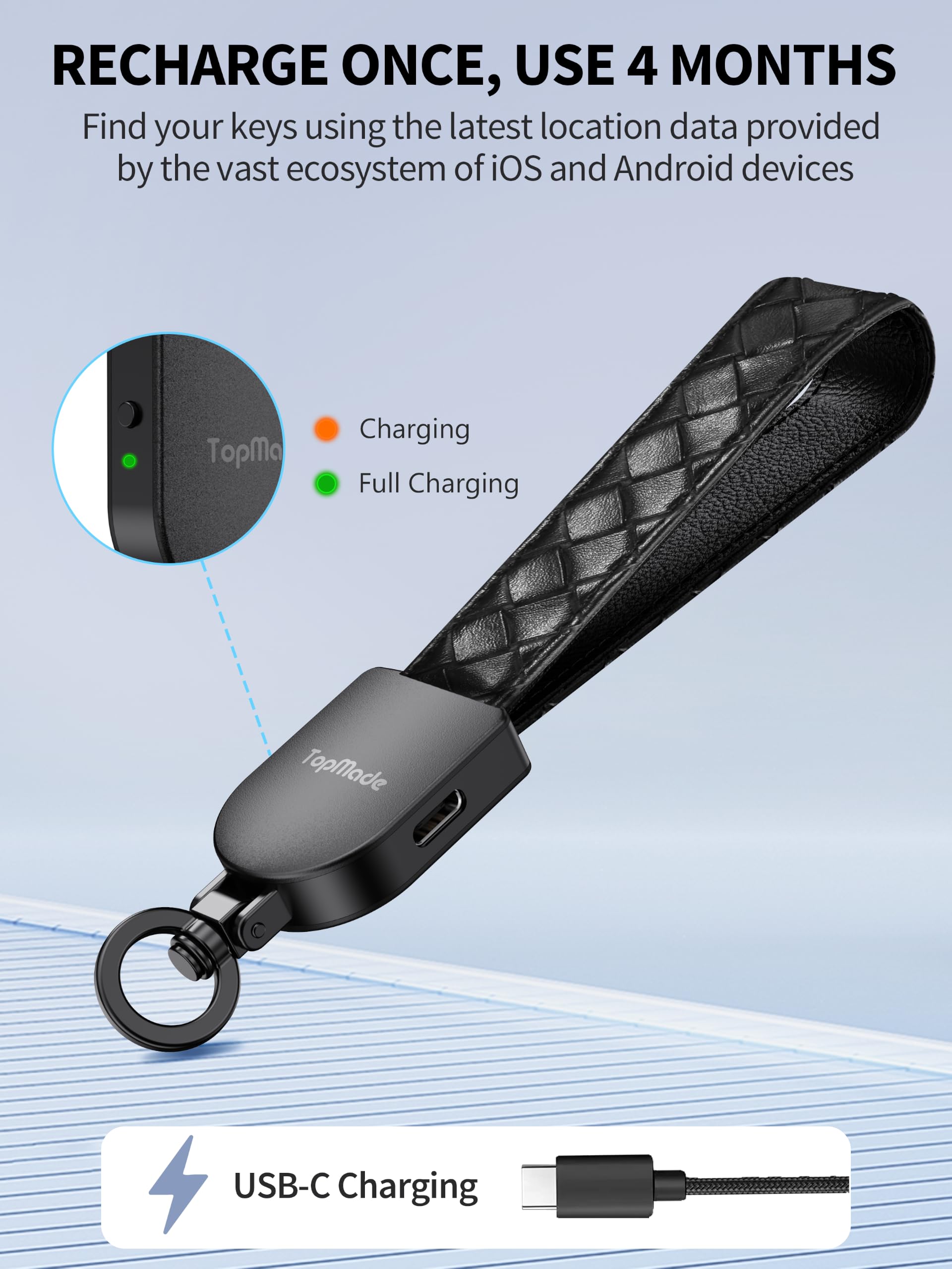 TopMade Porte-clés anti-perte, fonctionne avec Apple Find My et Google Find Hub, porte-clés de voiture en cuir de qualité supérieure, rechargeable, localisateur de clés Bluetooth, étanche IP67, noir