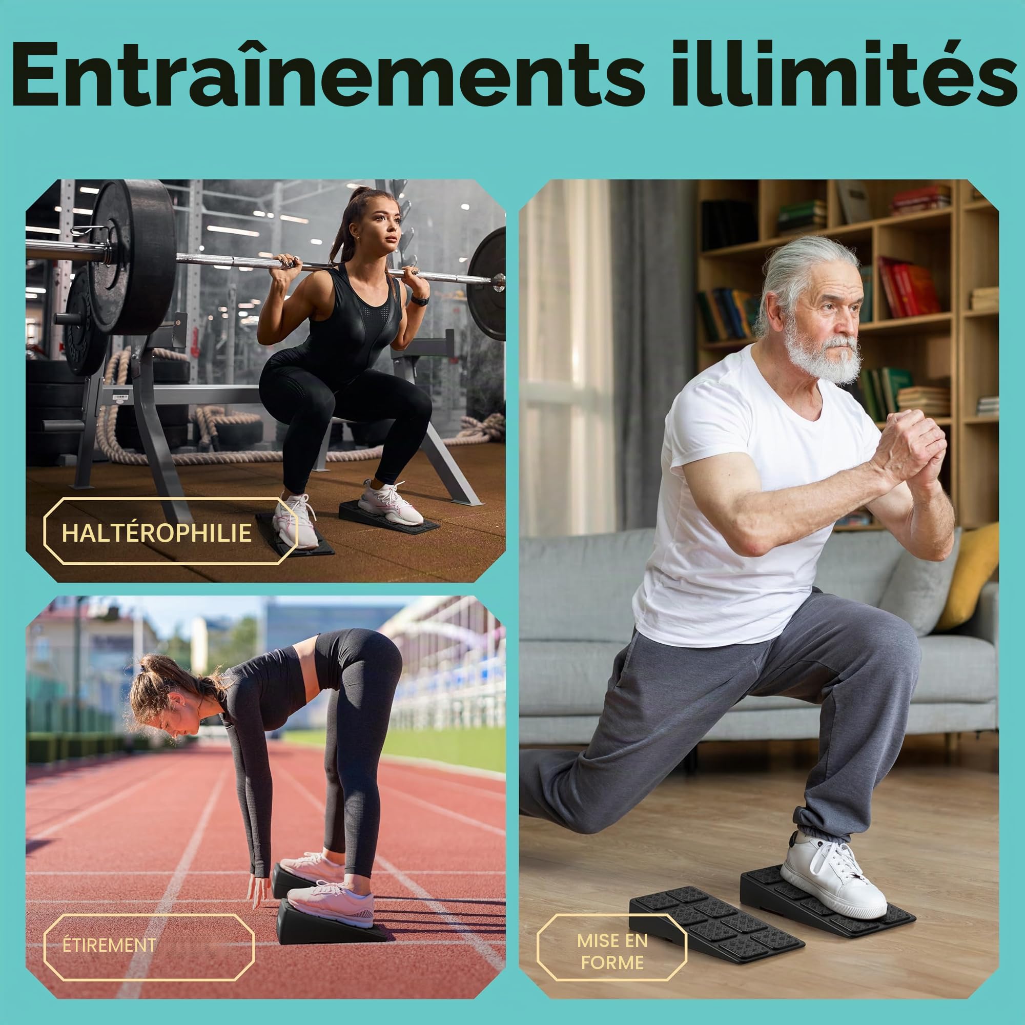 Cale de squat – Bloc incliné pour squats avec une capacité de charge de 236 kg – Planche inclinée pour étirement des mollets – Étireur de mollets incliné – Blocs de yoga