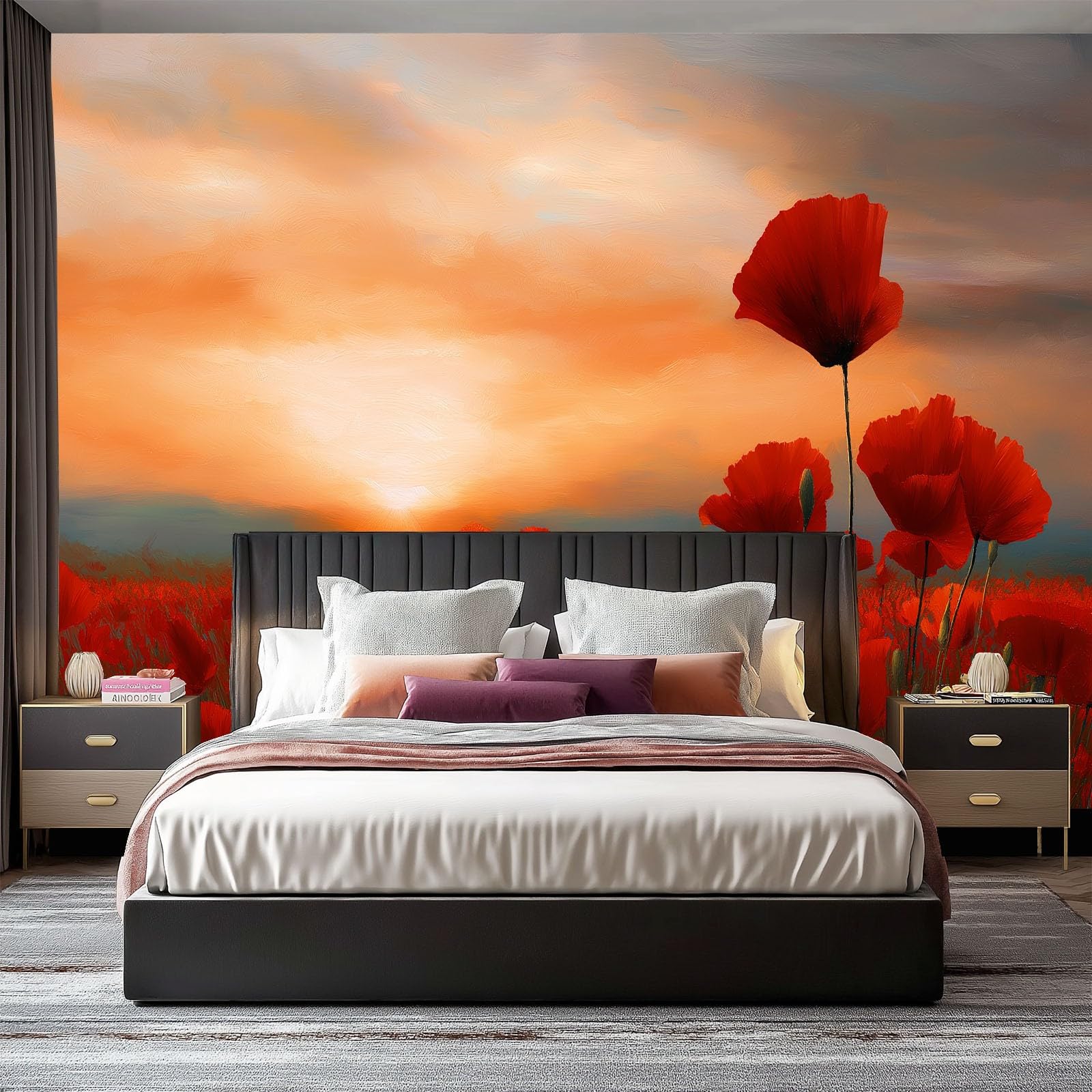 Mohnfeld tapeta z motywem zachodu słońca, czerwona, tapeta z włókniny, 350 x 256 cm, tapeta z motywem, plakat do sypialni, salonu, korytarza, panorama, obrazy dekoracyjne