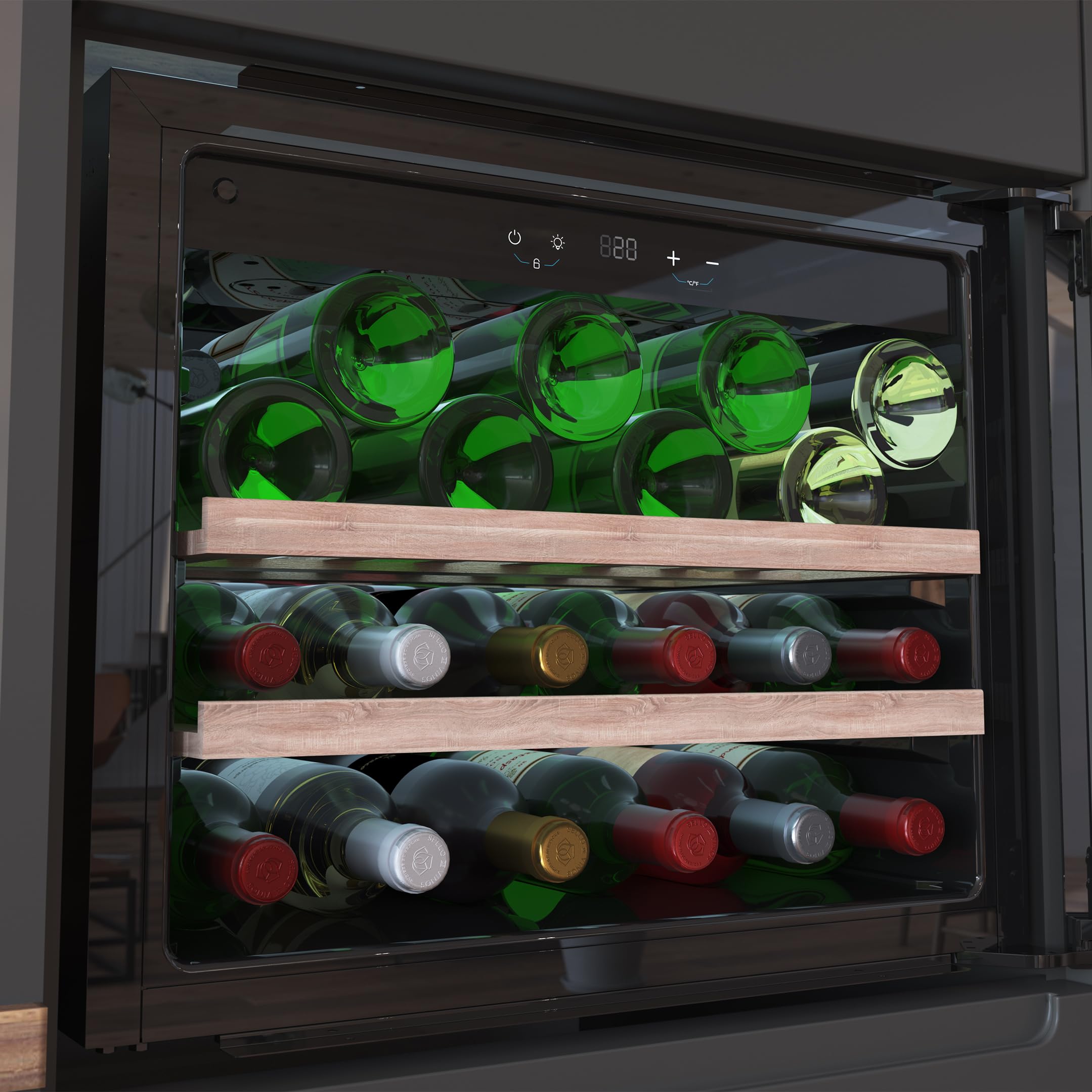 Cecotec Bolero Grandsommelier Bi 28000 Touch Black Einbau-Weinkühlschrank 28 Flaschen Compressor, Schwarzes Glas, Leise, LED-Licht, Touch-Öffnung