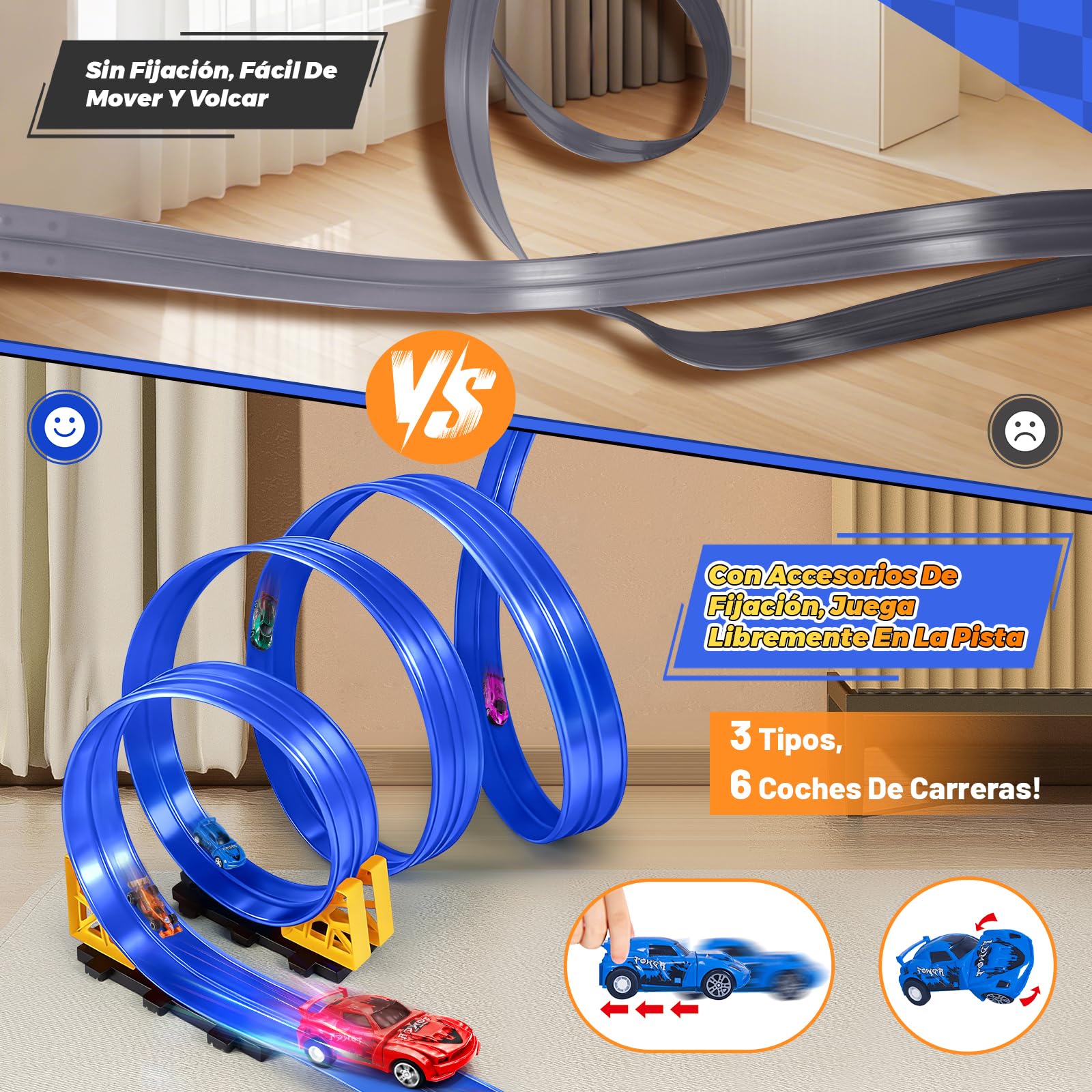 Pista Coches Flexible, 5M Circuito Coches Flexible Portátil con 6 Coches de Juguete 1 Bolsa de Almacenamiento 2 Rampas 4 Ventosas Flexible Car Track para Niños 4 5 6 7 Años (Azul)