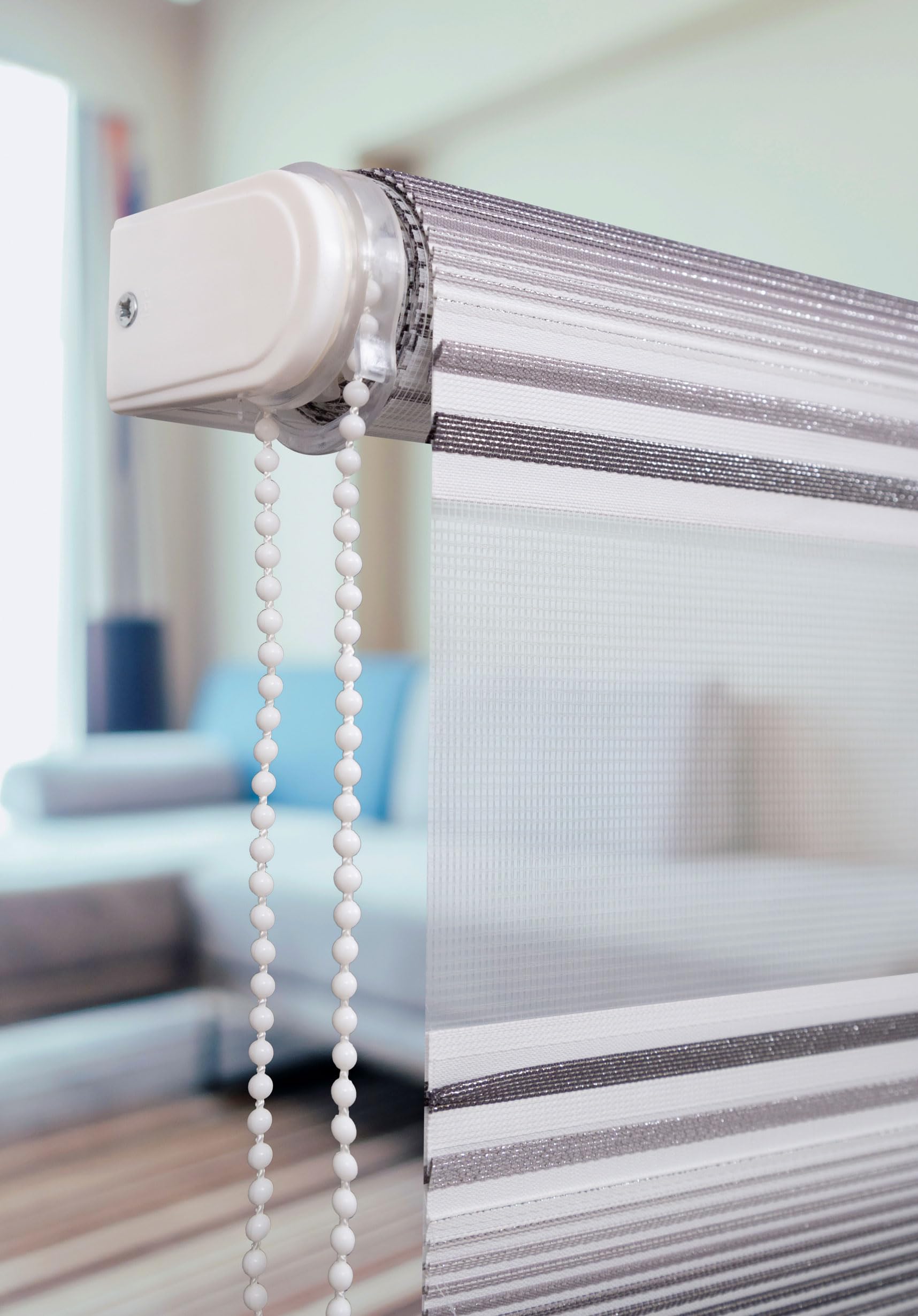 PlisseeOnline Doppelrollo Klemmfix ohne Bohren Grau Weiß Glitzer mit Perlen Duo Rollo für Fenster und Türen Plissee Rollo Gardine 80 x 150 cm Blickdicht Klemmrollo mit Perlen Seitenzugrollo
