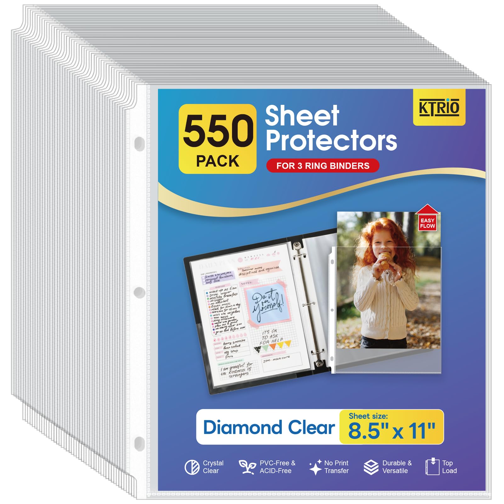 KTRIO 550 Pack Sheet Protectors 8.5 x 11 inch, Clear Page Protector for 3 Ring Binder, Plastic Sleeves for Binders, Top Loading Paper Sheets Document Sleeve Letter Size, Office & Home