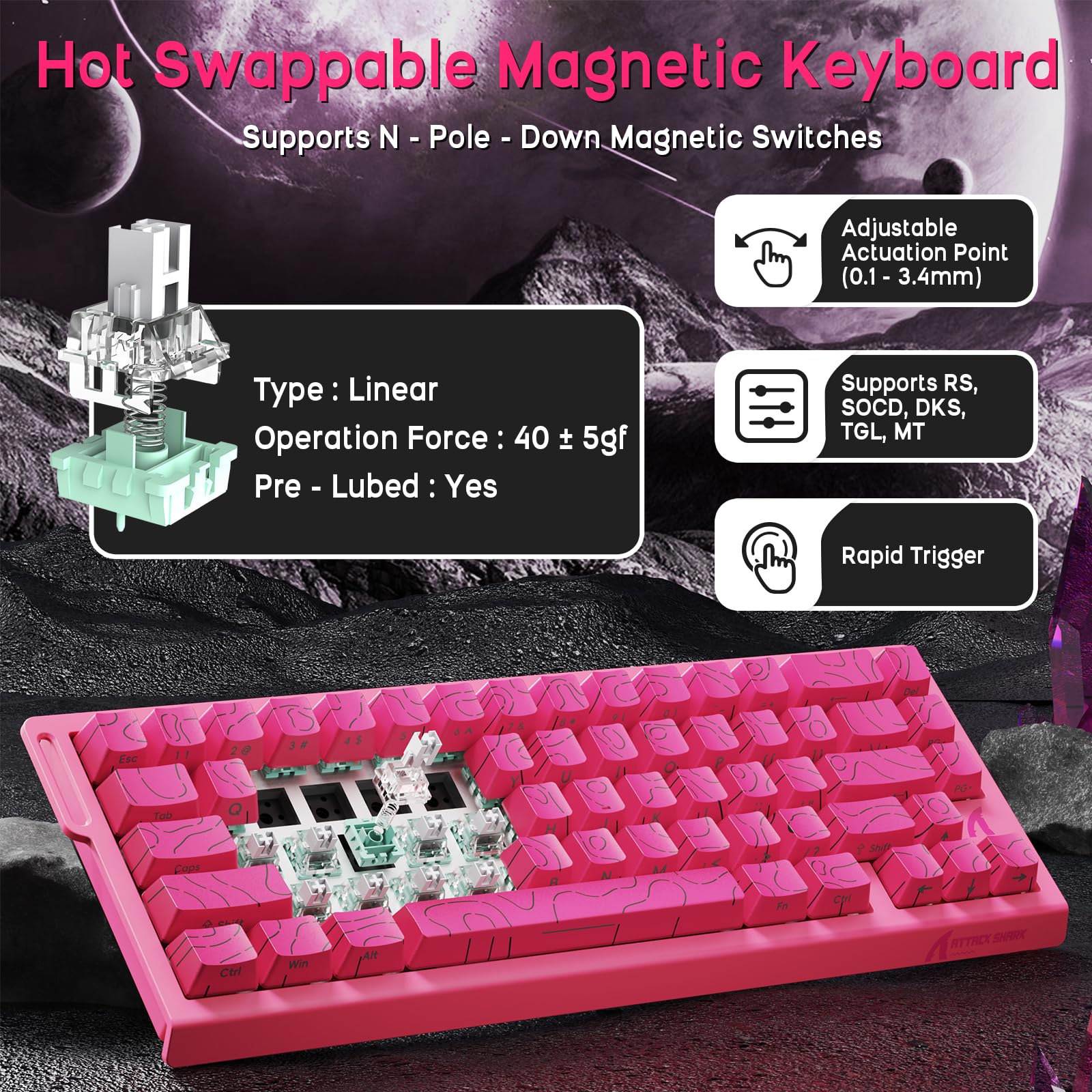 ATTACK SHARK X68 HE Teclado Magnético con Cable con X3 Ratón Gaming Inalámbrico Combo, Teclado de Activación Rápida 8KHz, Precisión RT 0.01mm, Ratón SUPERLIGERO, PAW3395, 26000 dpi - Contornos Rosas