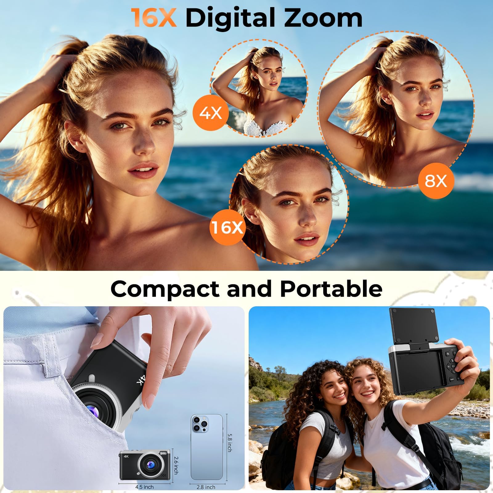 Appareil Photo Numérique 4K Digital - Maxmango 64MP Appareils Numérique avec Écran Rabattable 180° - 2.4" Camera pour Vlog avec Carte 16GB - pour Débutants, Adolescents, Vlogging - Noir