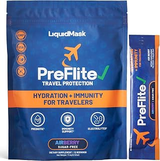 Pre Flite Travel Hydration Powder for Flying, Sugar Free Electrolyte Drink Mix with Zinc, Vitamin B12, L-Theanine & Prebiotic Fiber, AirBerry Flavor, 12 Stick Packs