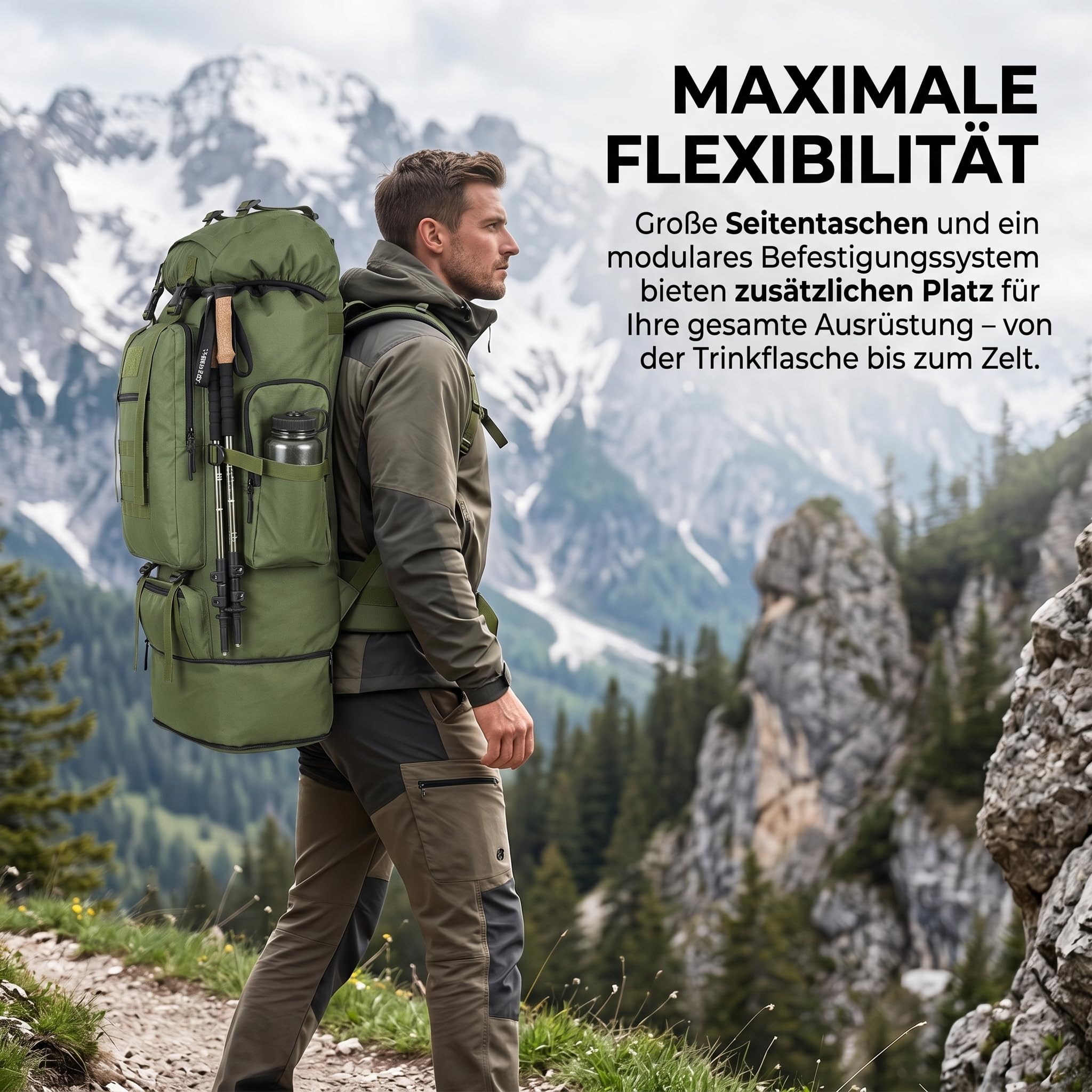 100 L Trekkingrucksack & Wanderrucksack – Großer Outdoor Rucksack für Camping, Reisen & Abenteuer, Ergonomisch, Wasserabweisend, Robust – Schwarz & Army Grün