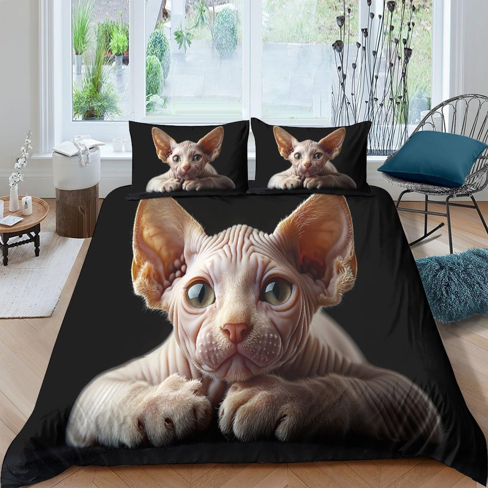 GPLZQXKJNH 3D Printed Sphynx Cat Duvet Cover Set Microfiber Soft Breathable Kitten Quilt Cover with 2 Pillowcases for Bedroom Decor Single（135x200cm）