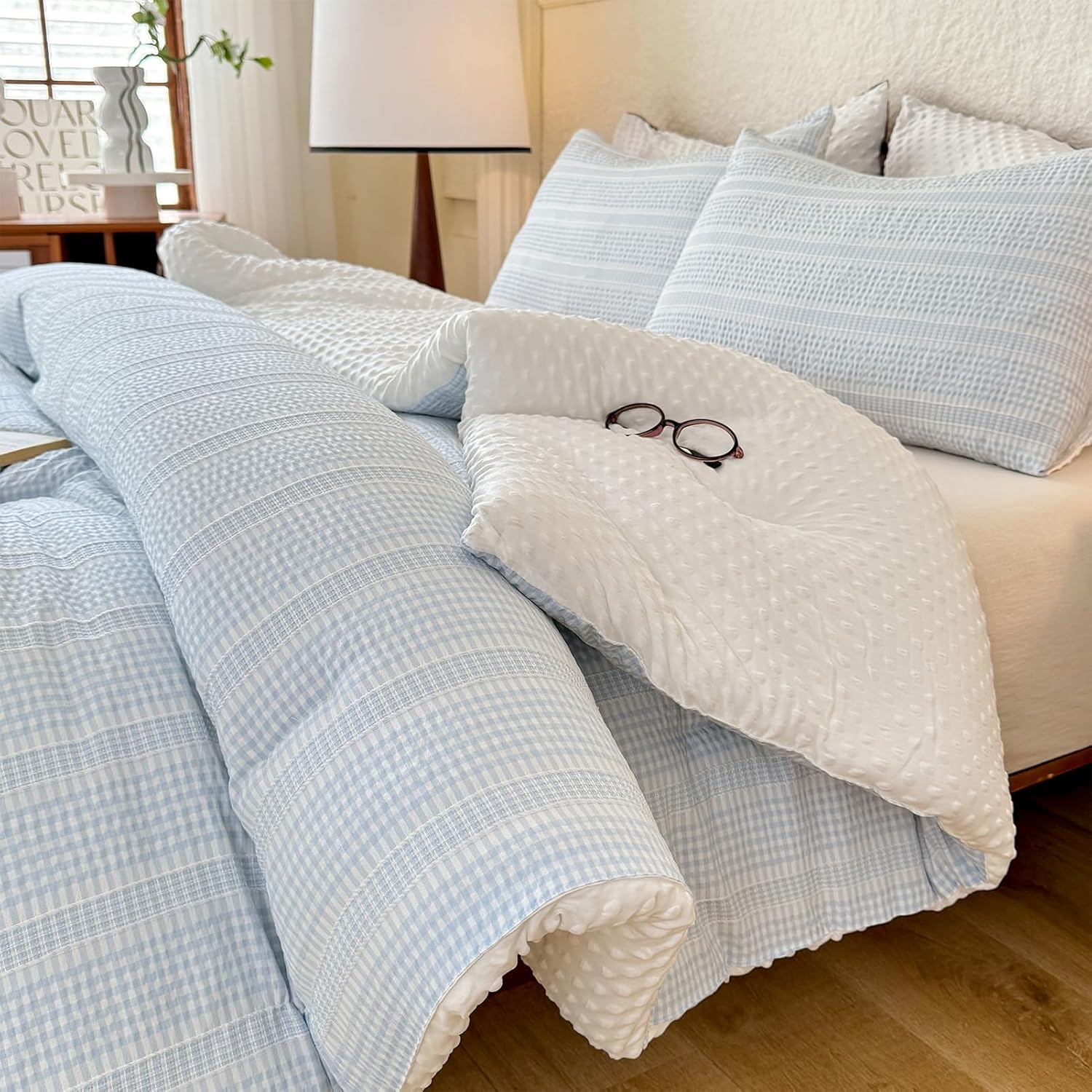 Boho Comforter Set Queen Size - 3 Pieces Lightweight Jacquard Seersucker Bedding Sets (1 Soft Fluffy Grid Comforter & 2 Pillowcases) - All Seasons Cozy Modern Bed Set(90"x90" Sky Blue) Sky Blue Queen(90"x90")
