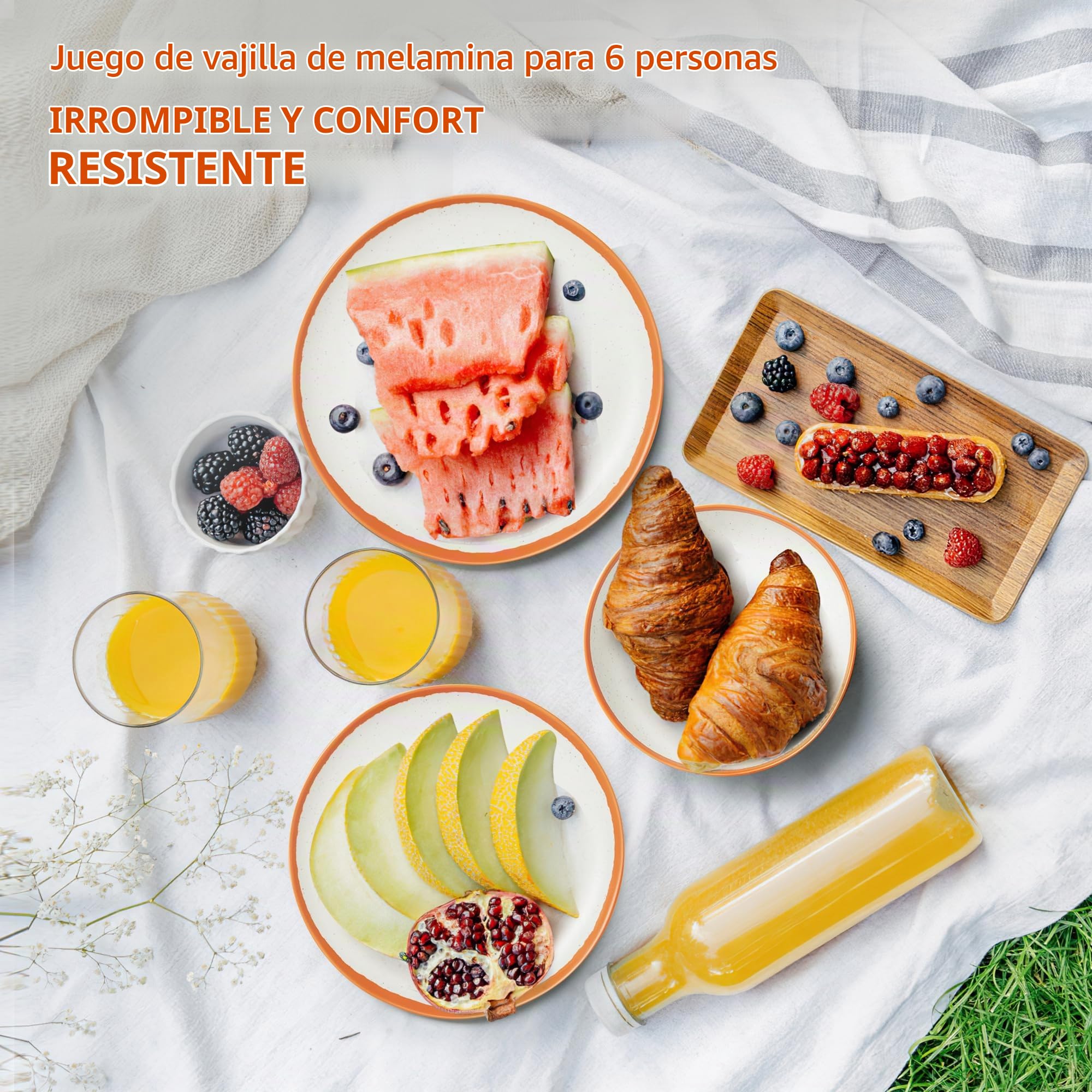 Juego de vajilla de camping para 6 personas, resistente servicio de melamina con diseño vintage de cítricos