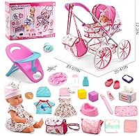 Vista 5 de Juego de Juguetes de Cochecito para Muñeca de Bebé con Muñeca de Bebé de 13'', Cama de Muñeca, Silla de Comedor, 26 Piezas de Accesorios para Muñeca