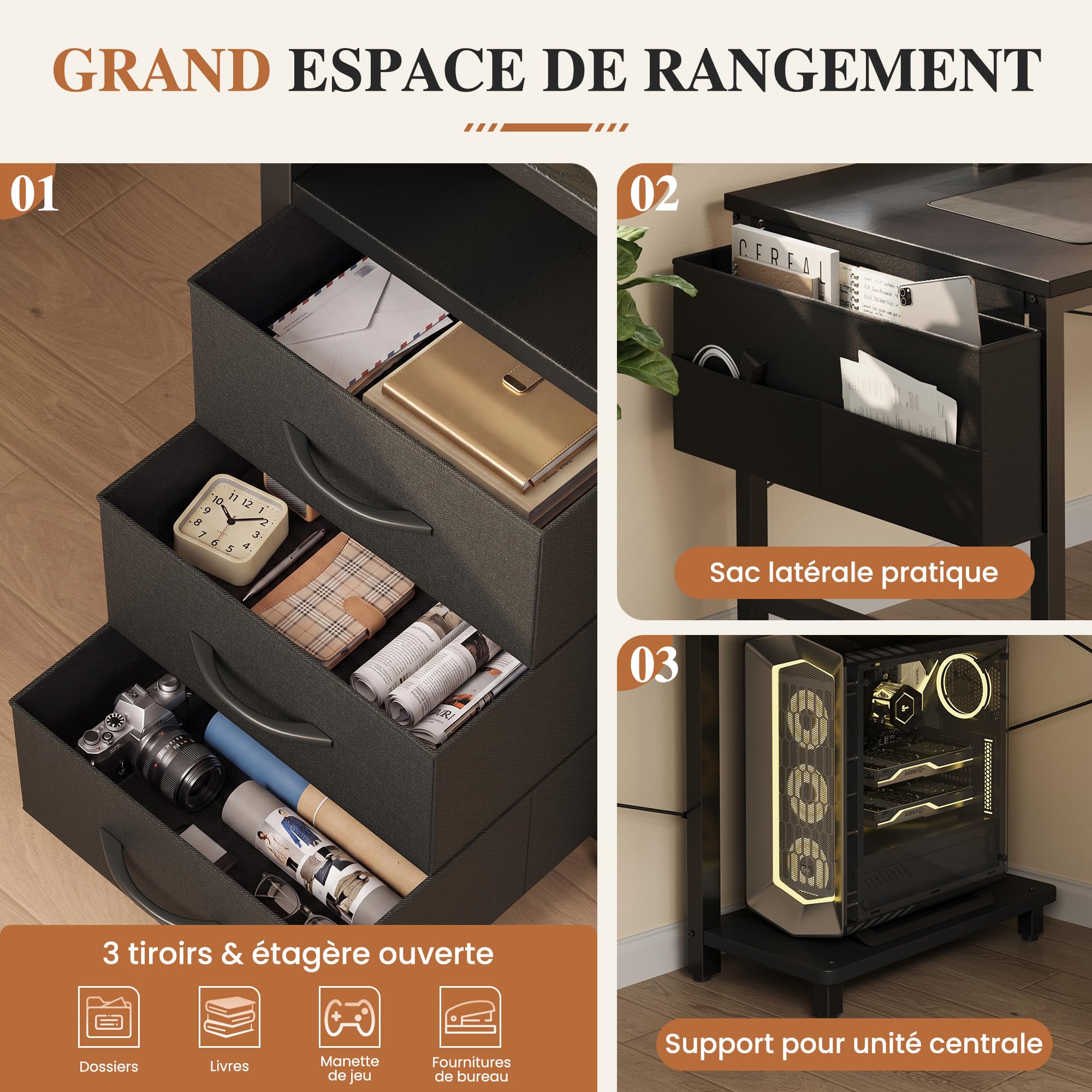 YOUDENOVA Bureau d'angle en L Réversible, Bureau Gaming avec Panneau Perforé et Étagères, Bureau avec LED et Prises, 3 Tiroirs et Poche de Rangement, Table pour Salon Domicile 135x100 cm Noir
