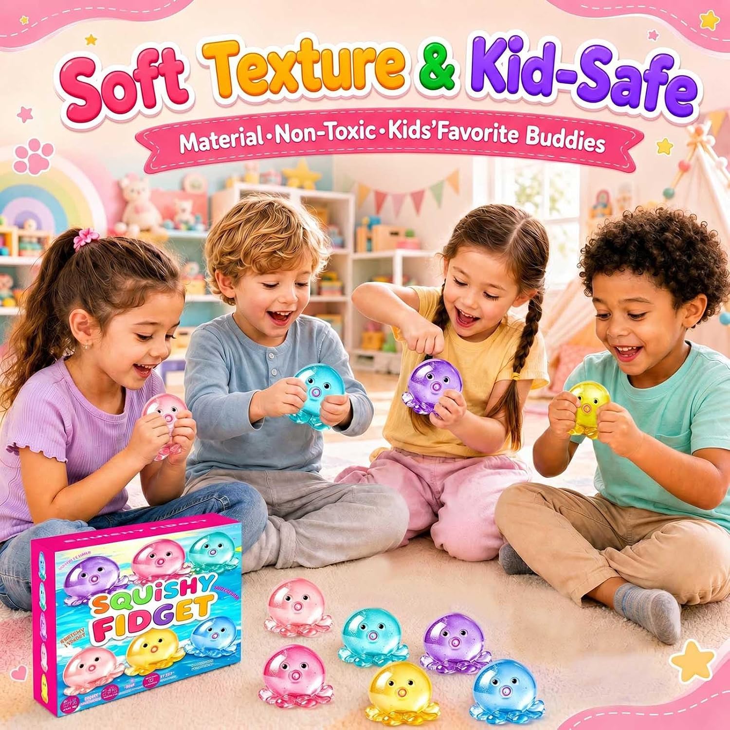6 Pack Octopus Stress Balls Fidget Squishy Needo Toys for Kids Adults, Squeeze Taba Toys for Classroom Birthday