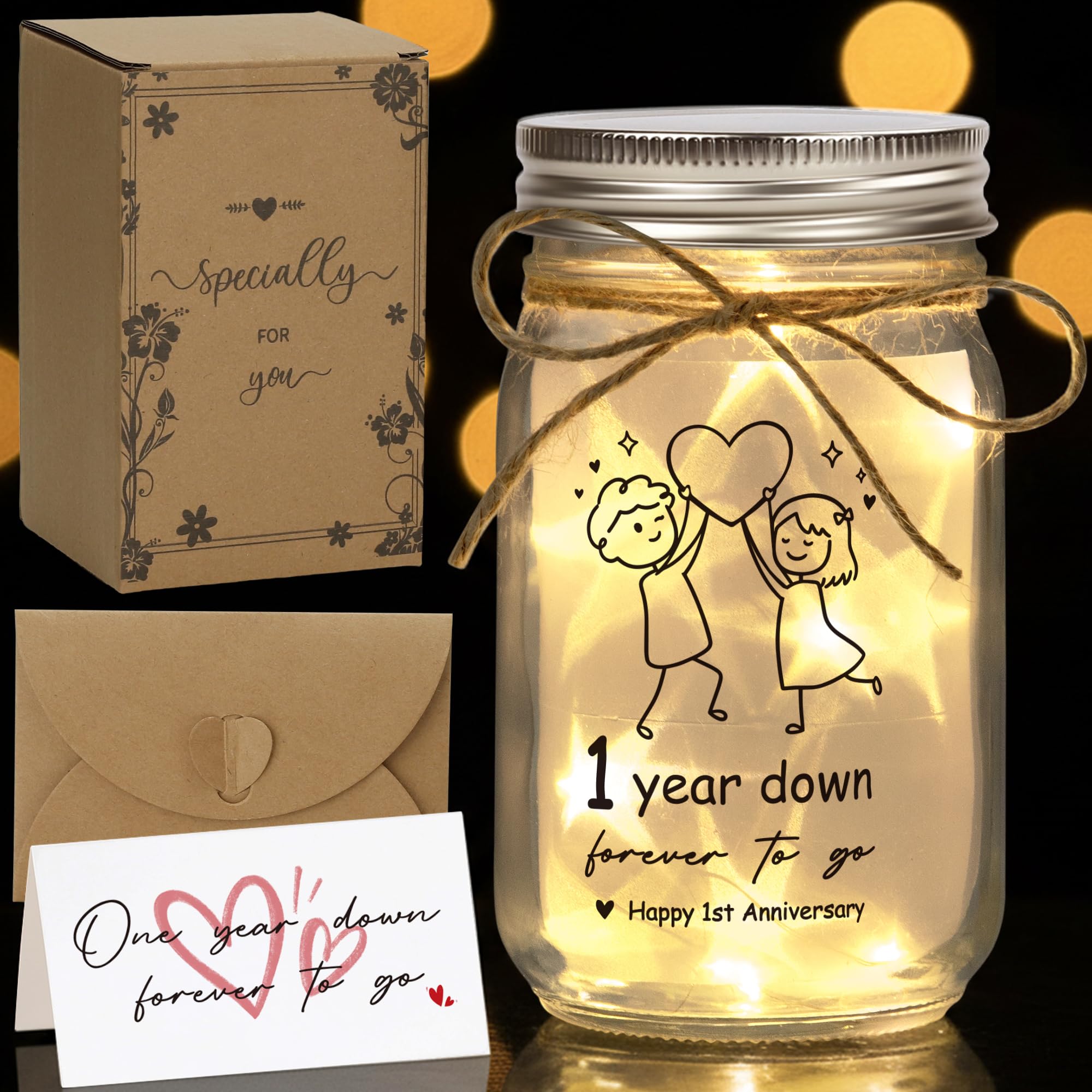MerriBox 1st Anniversary Mason Jar Night Light Gift – Romantic 1 Year Light-Up Love Jar with Cute Couple Design, Anniversary Card Gifts for Him Her Husband Wife Boyfriend Girlfriend