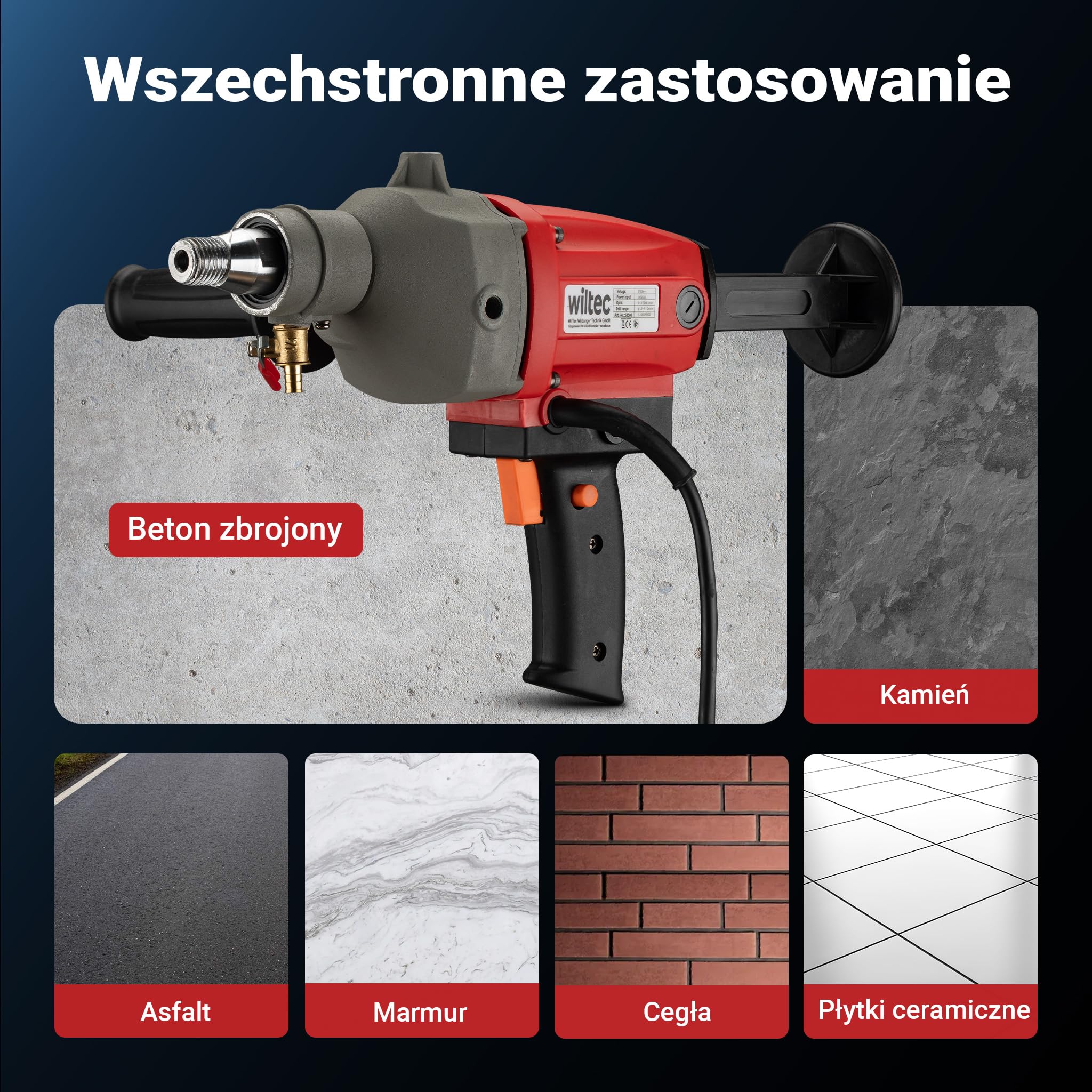 Wiltec Wiertarka rdzeniowa do 110 mm Wiertarka rdzeniowa na mokro 2080 W 1700 obr./min z walizką transportową i akcesoriami