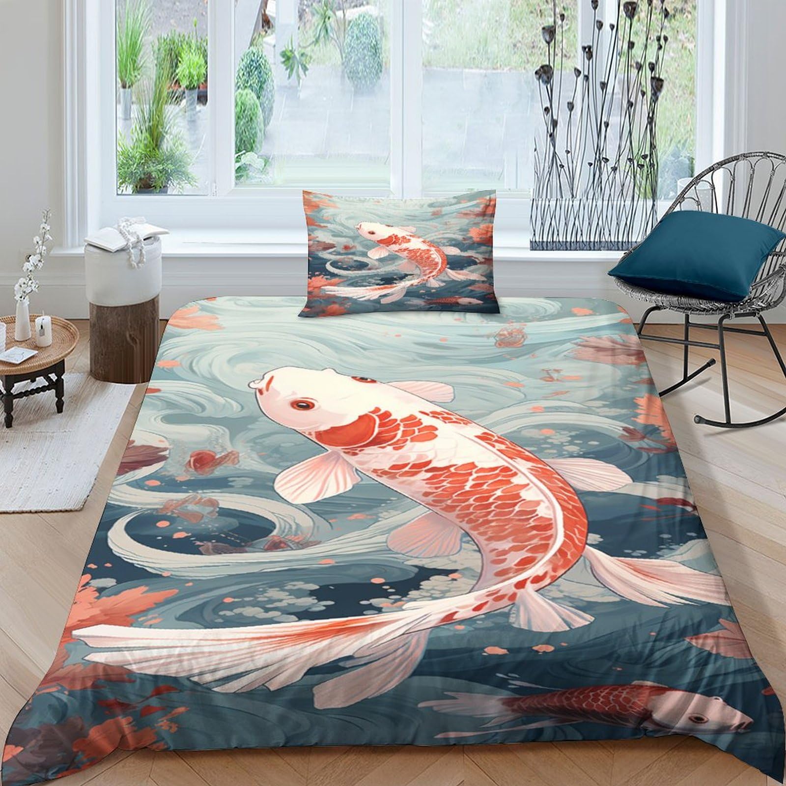 Housse de couette carpe koi 135x200 cm avec 2 taies d'oreiller zippées