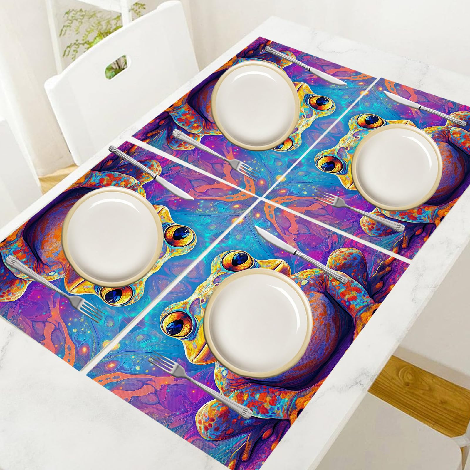 Tovaglietta Americana Fumetto in Cotone Lino Rettangolare - Tovagliette Set di 8 Rospo psichedelico Resistente al Calore per La Cucina, Il L'Ufficio, 30 x 45cm