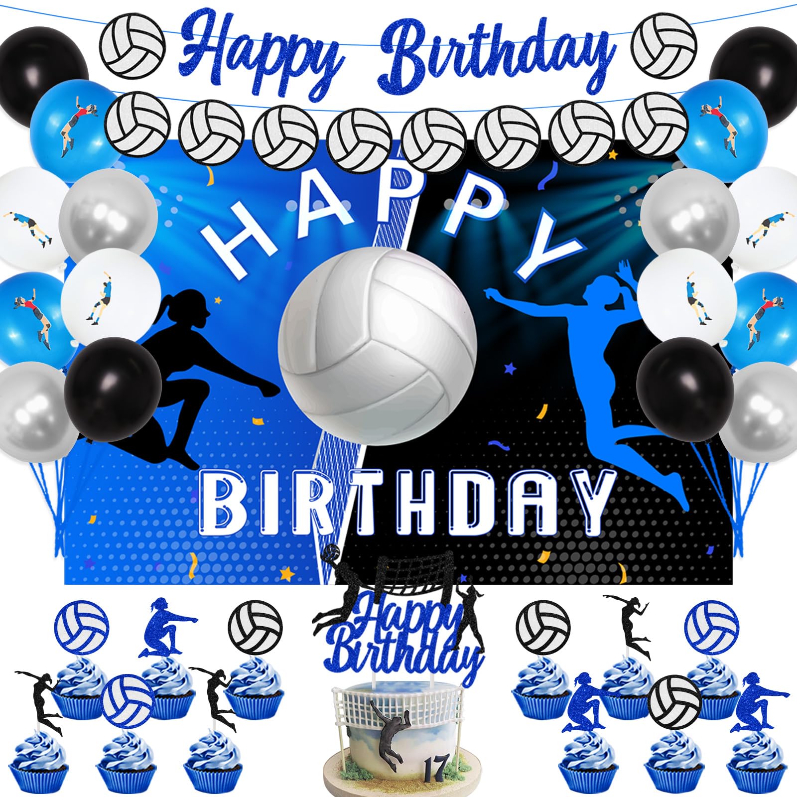 Decoraciones de fiesta de voleibol, 38 piezas temáticas deportivas, suministros de fiesta de cumpleaños, pancarta de voleibol, telón de fondo de voleibol, decoración de pasteles