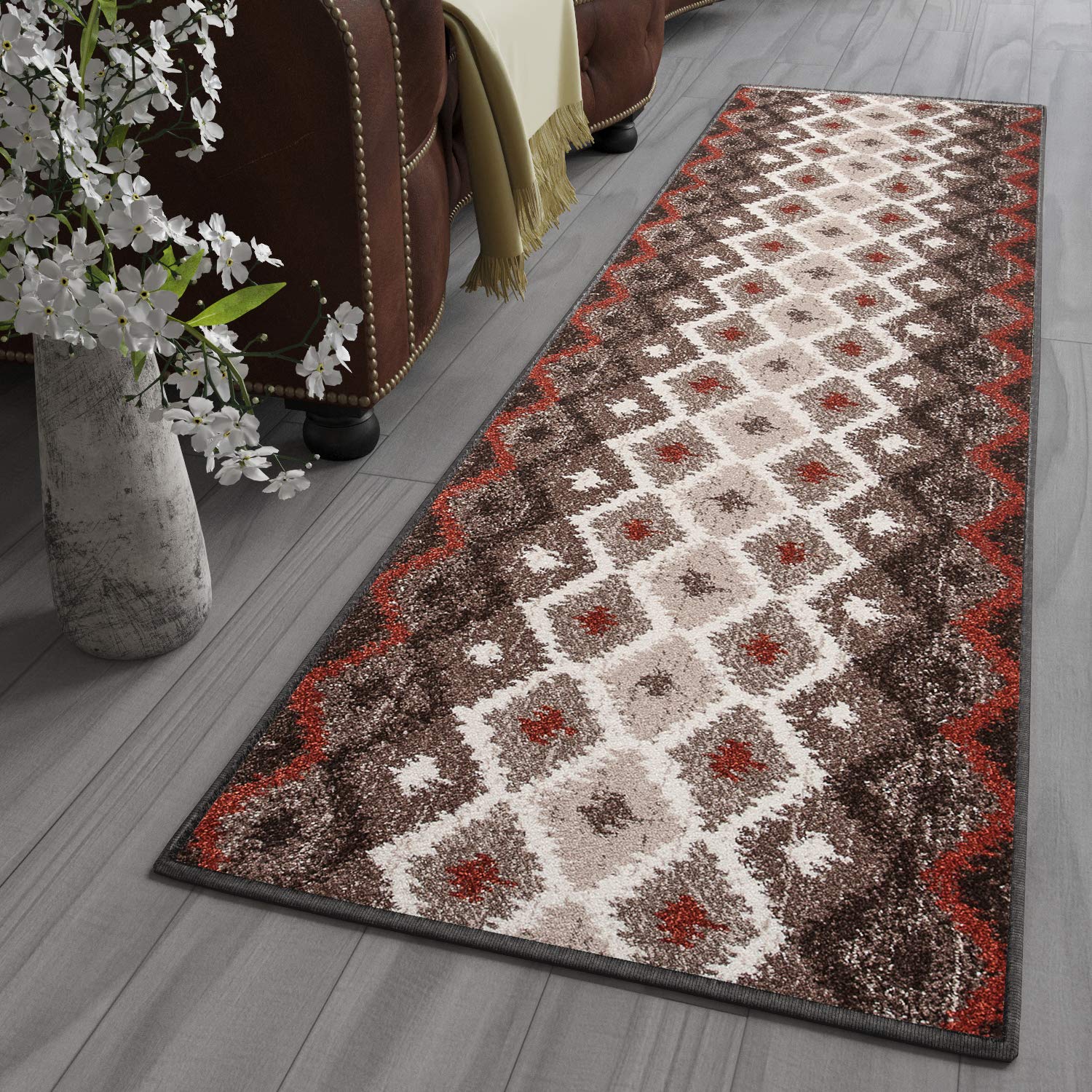 TAPISO Rasta Teppich Läufer Meterware Kurzflor Modern Meliert Karo Vierecke Beige Braun Rot Design Flur Brücke Wohnzimmer Küche ÖKOTEX 70 x 150 cm