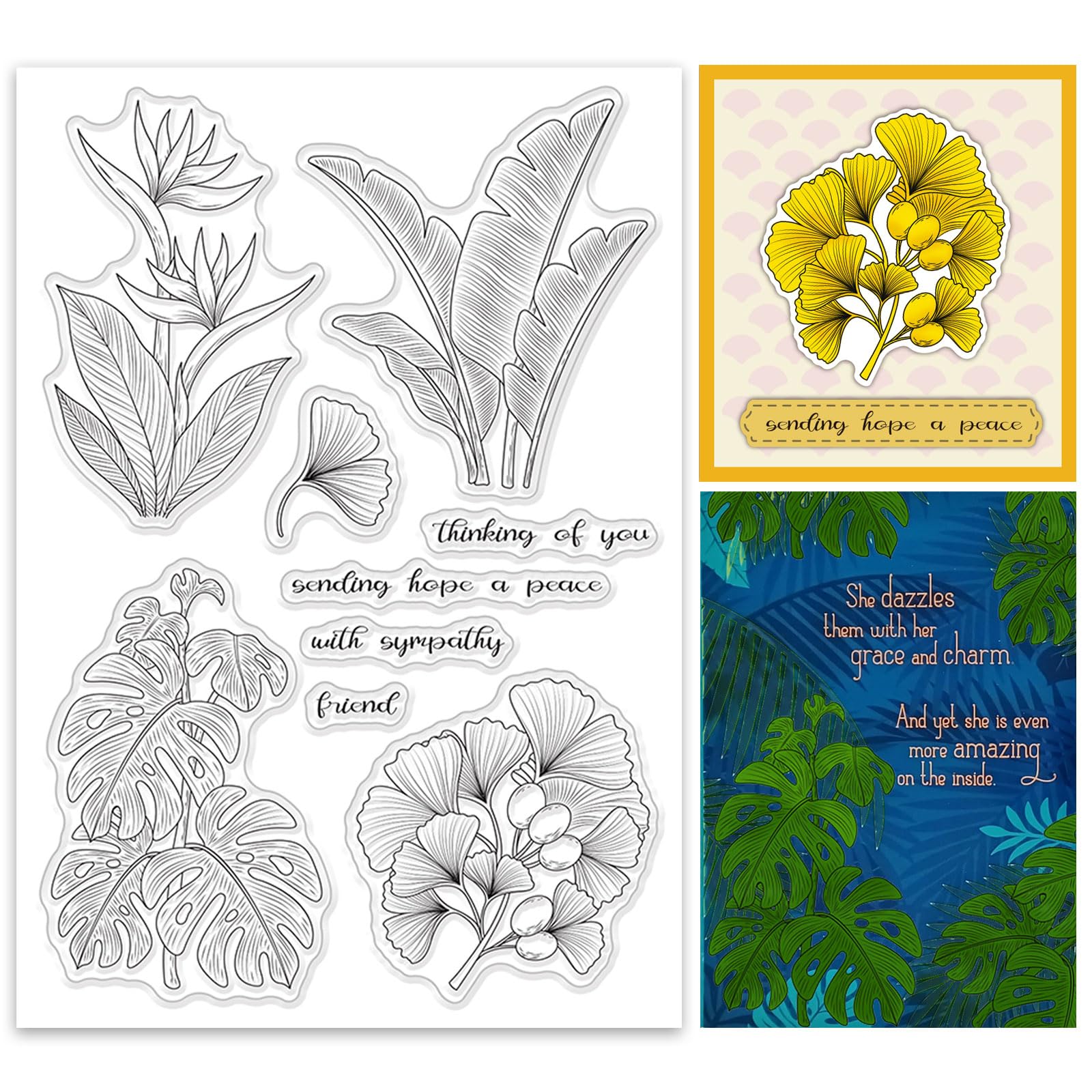 ORIGACH Leaves Clear Stamp for Card Making Ginkgo Biloba Monstera Tropical Leaves Transparent Silicone Stamps for DIY Scrapbooking Journaling Photo Album Crafts Suppplies