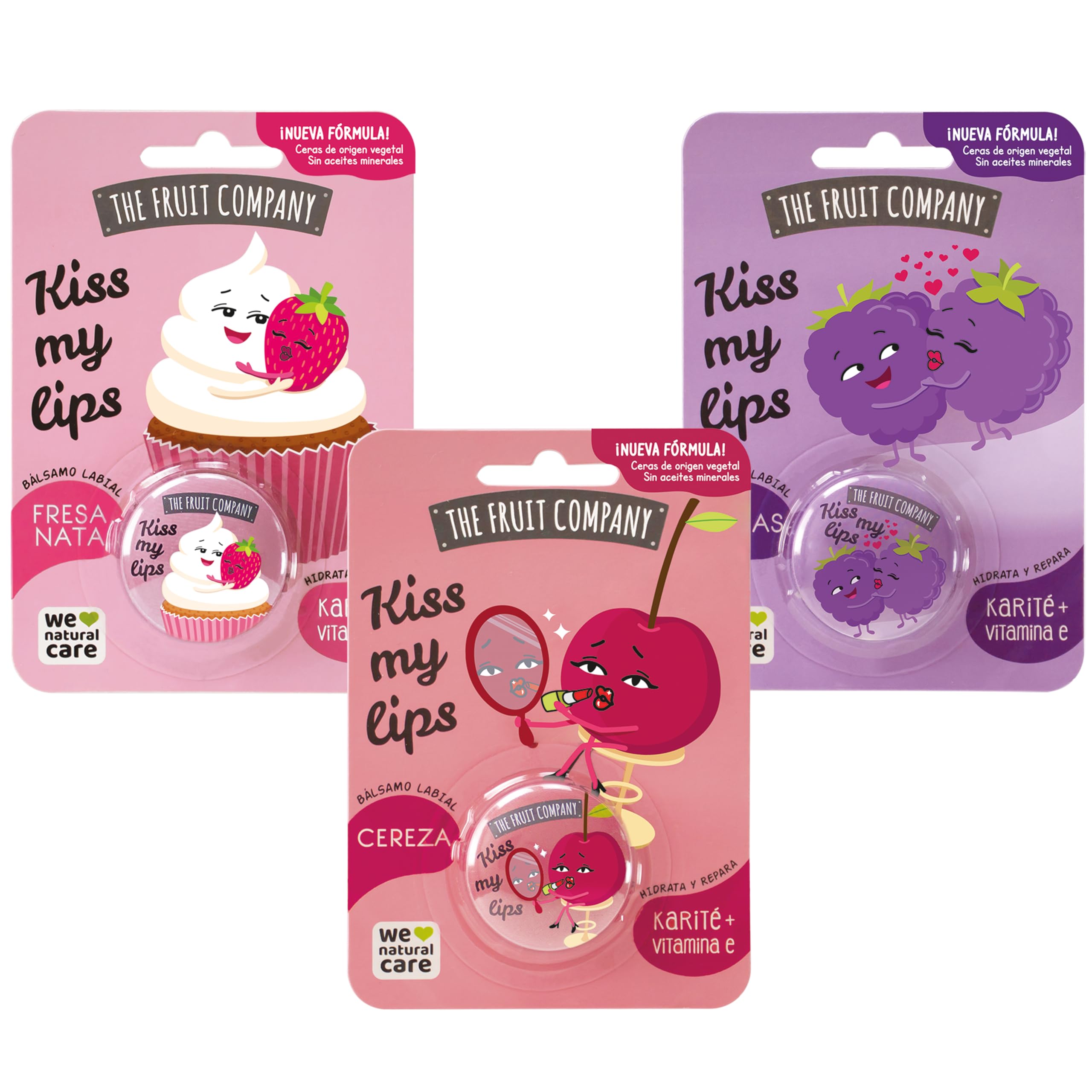 The Fruit Company - Bálsamos Labiales Kiss My Lips. Hidratan y reparan con Karité y Vit.E. Fórmula sin aceite mineral. Latas divertidas de 10 gr cada una. Pack de 3 uds.