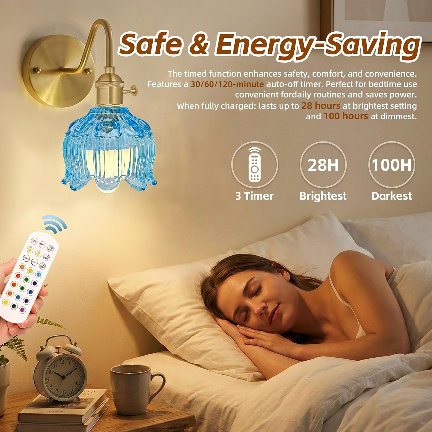 Battery Operated Wall Sconce Set of 2, Vintage Wireless Sconces with BlueTulip Glass Shade, 15 Color Temp, 5000mAh Rechargeable Battery, Remote Control Wall Lights for Bedroom, Living Room