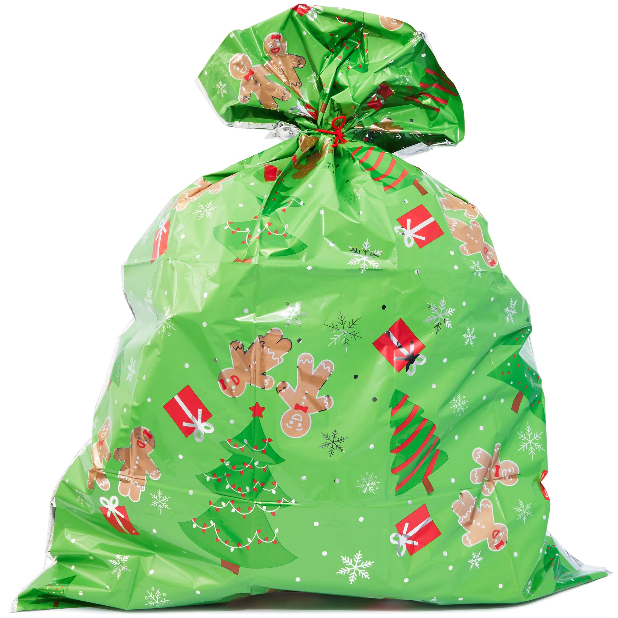 Bright Creations 6 Pack Jumbo Christmas Gift Wrapping Bags for Oversized Holiday Present, Large Plastic Sacks with Strings, Xmas Gingerbread Man, 36 x 48 in