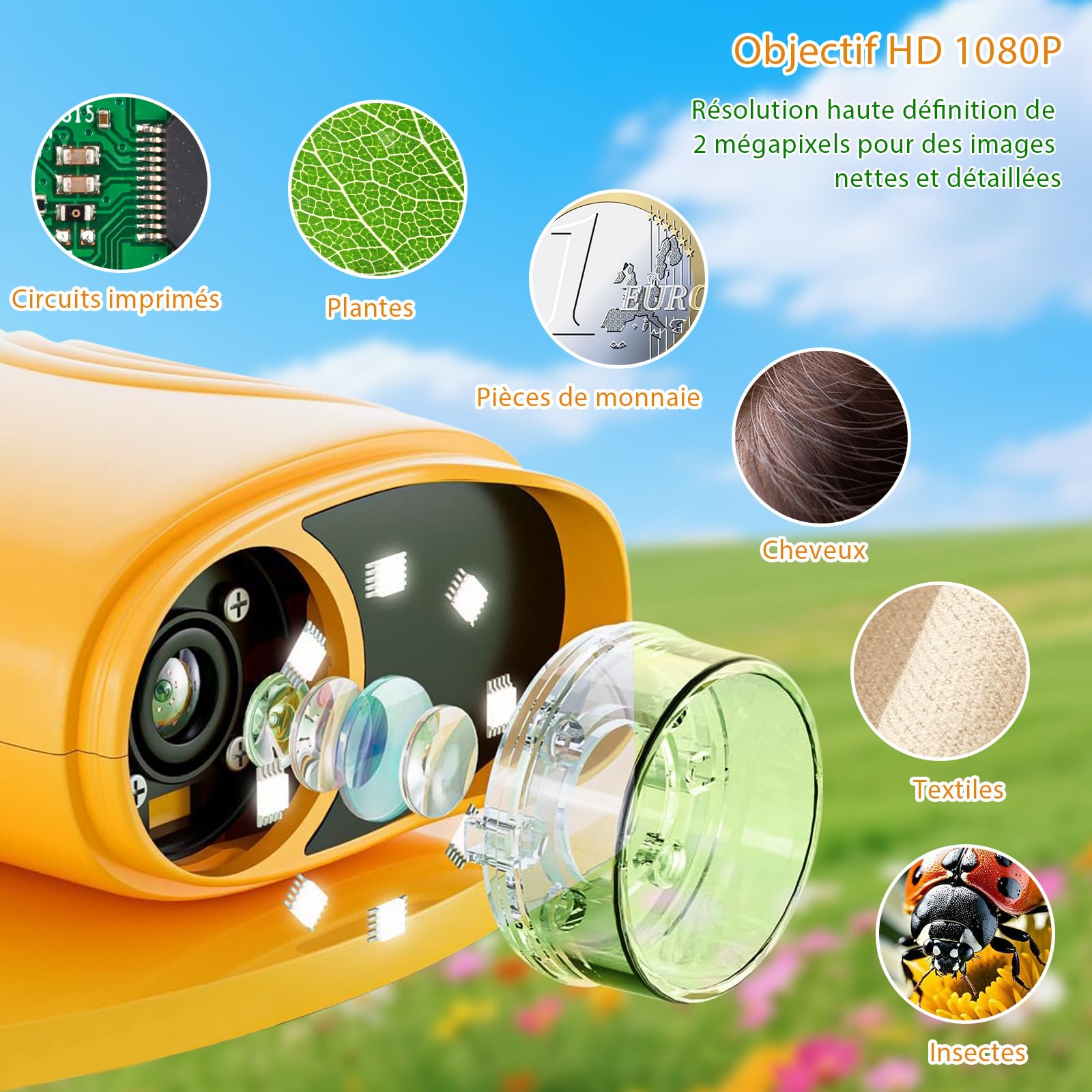 1000X Microscope Enfant, 4K Mini Microscope de Poche Portable, Temodu 2.0 Pouces Microscope Enfant, 8 Lumières LED, Sciences de 4 à 6 Ans et de 8 à 12 Ans