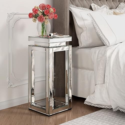 Miniatura 3 de ENENE Mesa auxiliar decorativa de cristal para sala de estar, espacios pequeños, mesita de noche, moderna mesa de acento con pedestal para