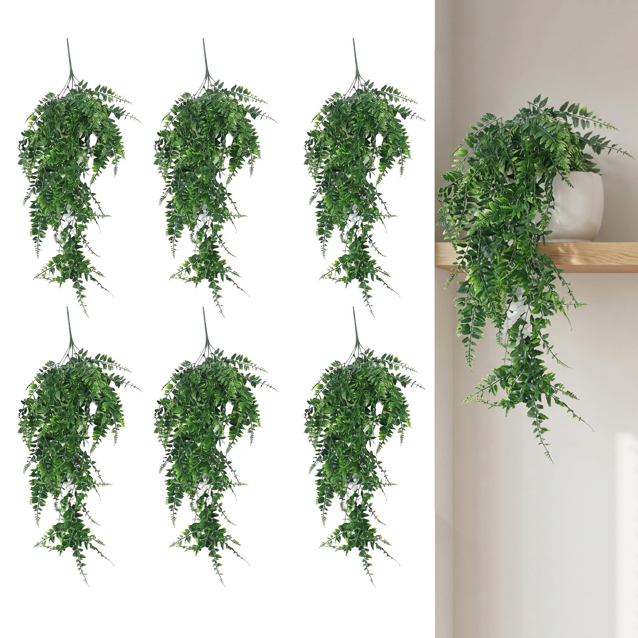 Lyyozwo Artificial Hanging Plants Pack, 6 Pcs Fake Hanging Plants, 31.49 x 5.91 x 1.18 inches Fake Plant for Kitchen Garden Patio Office Table Shelf Indoor Outdoor (Green)
