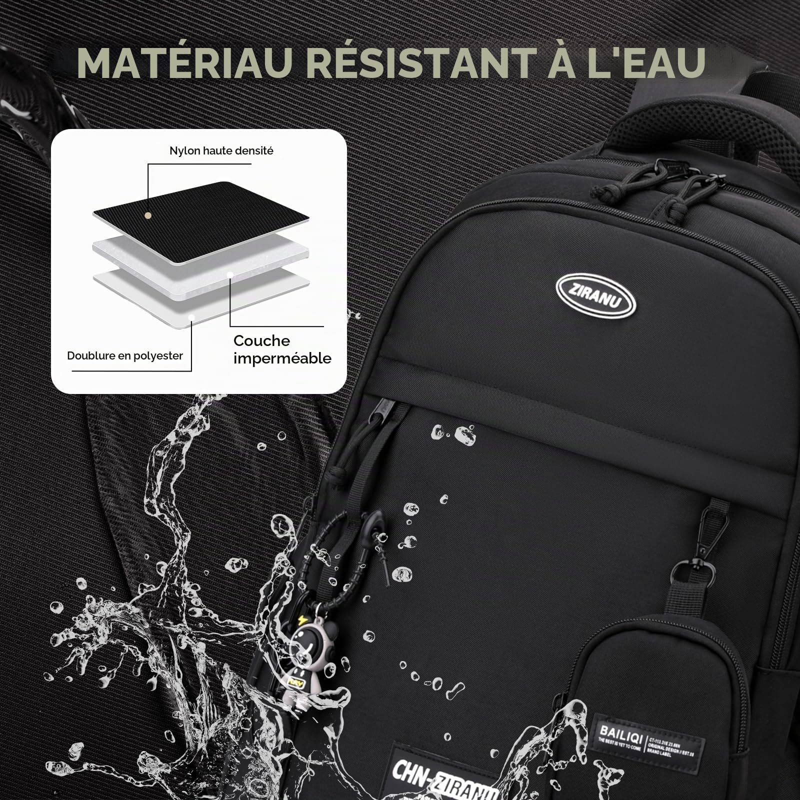 Amythe Sac à Dos Garçon Cartable Collège Imperméable Ordinateur 15.6", Sac Dos Loisir Noir 30L avec Breloque Tendance pour Ados et Hommes, École, Voyage, Noël ou Rentrée Scolaire