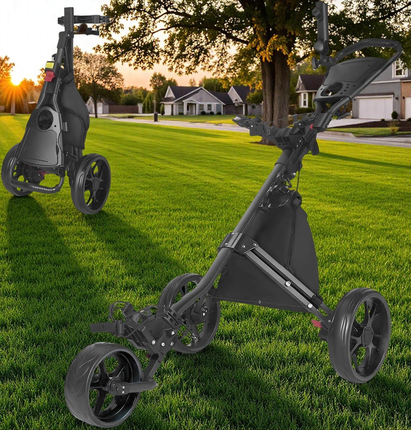 Klappbarer Golf Trolley 3-Rad, Aluminium Golfwagen mit Schirmhalter, T-Stückhalterung und Aufbewahrungstasche – Leichter Golfcaddy als Push Cart