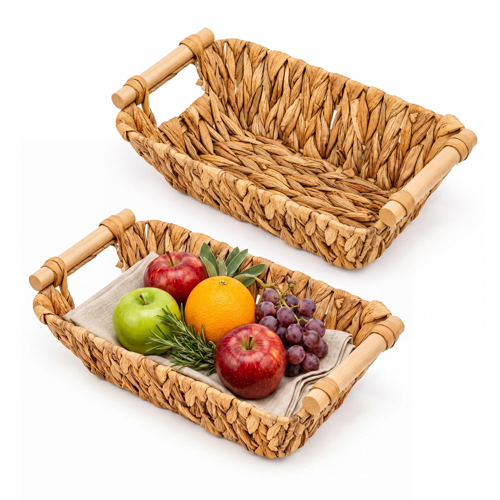 Evergoods Brown 2 Pack Large Wicker Storage Baskets For Shelves, Water Hyacinth Wicker Storage Basket With Wooden Handles, Handwoven Storage Boxes For Living Room, Bathroom & Home Organisation