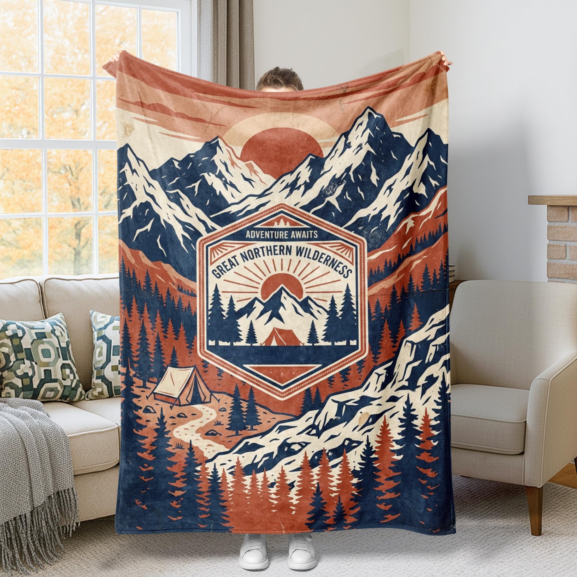 Jeté de lit en molleton ultra doux 127 x 152 cm imprimé montagnes et soleil d'automne