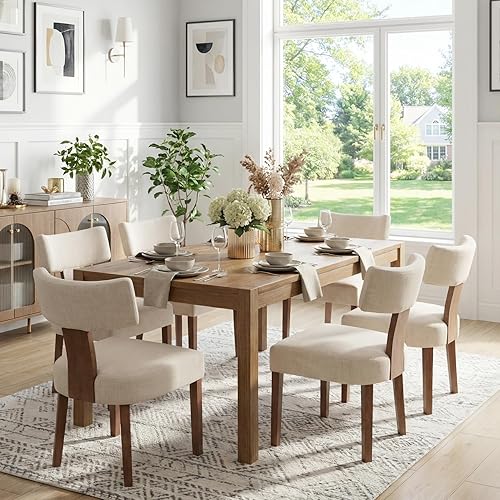 Juego de 6 sillas de comedor modernas, cómodas sillas laterales tapizadas con patas de madera, sillas de comedor de tela de lino con respaldo