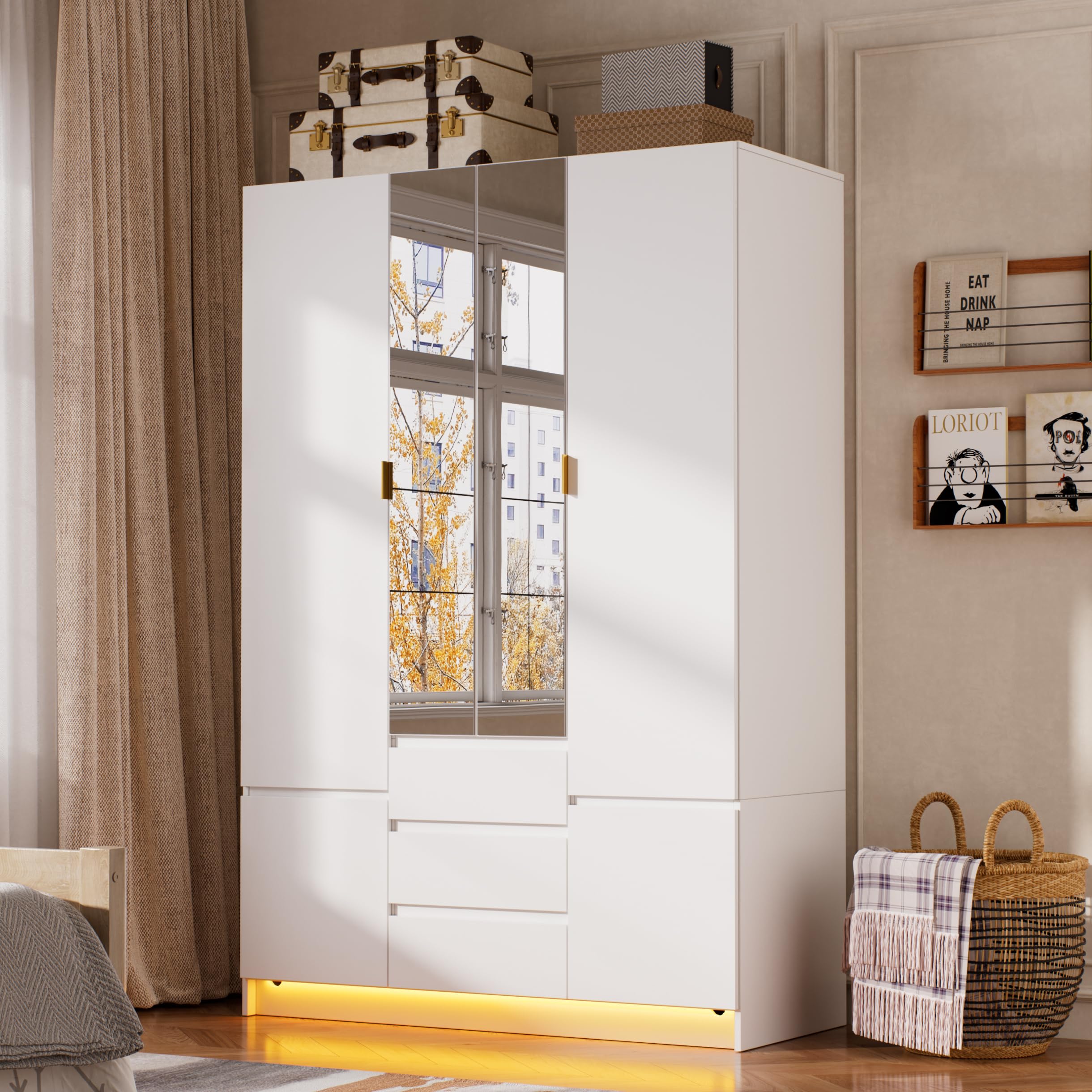 MSFE Armadio Camera da Letto 4 Ante con Specchio,Wardrobe Camera Moderna con LED,3 Cassetti e Asta,Grande Armadio per Cameretta,Camera dei Bambini,da Ingresso,50 * 120 * 180CM