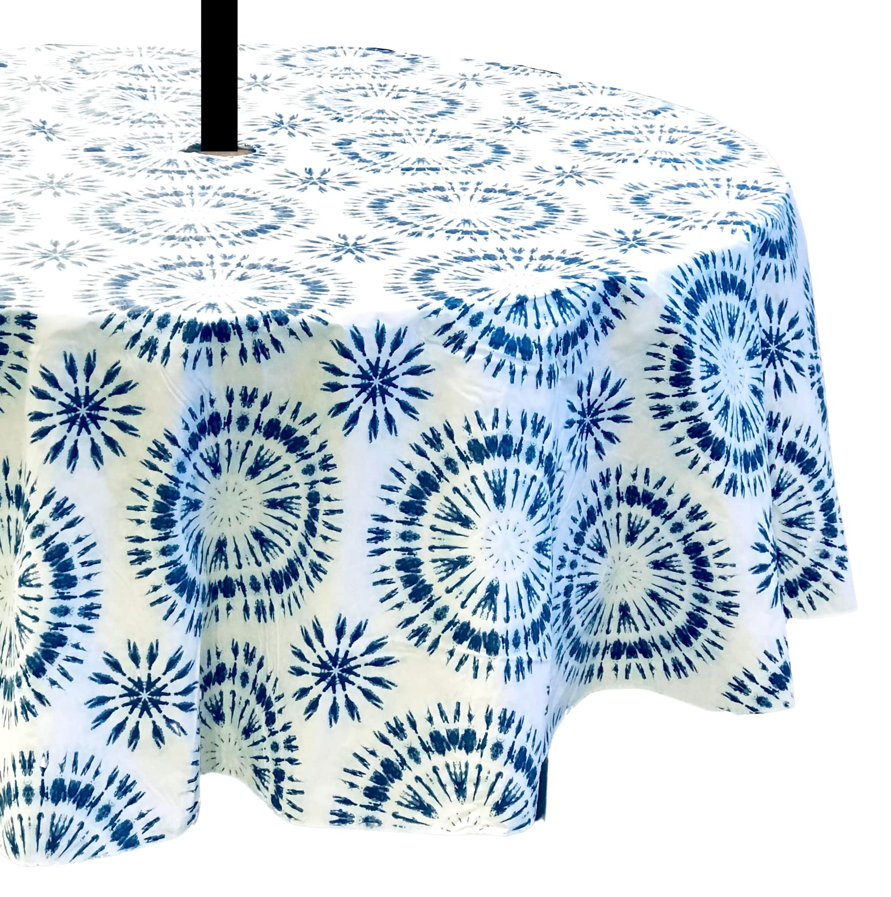 Summer Umbrella Vinyl Tablecloths: Patio Table Cover with Hole and Zipper Closure for Umbrella, 60" x 84" Inch Rectangle (Tie Dye Blue)