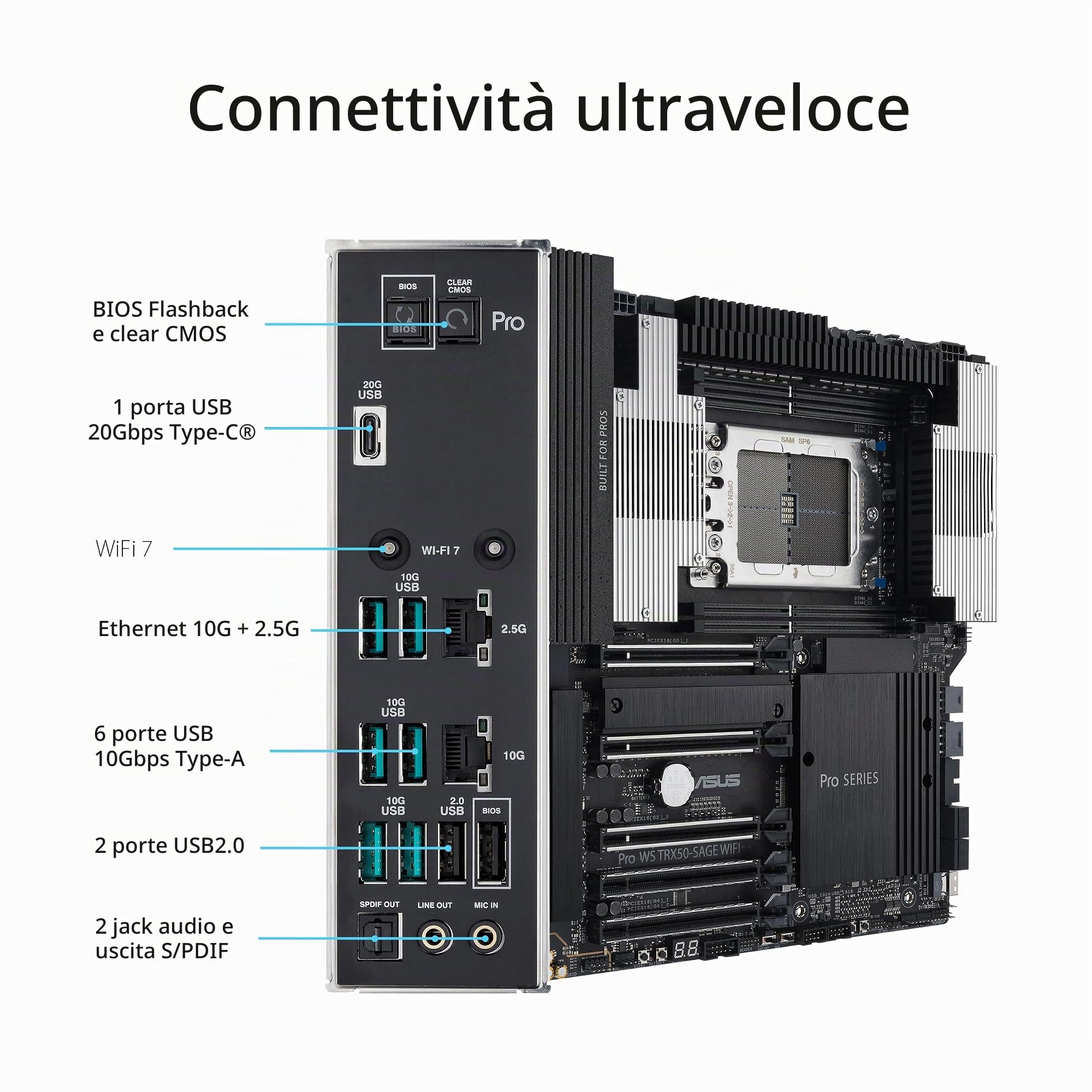 ASUS PRO WS TRX50-SAGE WIFI A, Scheda Madre Workstation AMD, Slot DDR5 Nera | Socket AMD sTR5 per CPU a 96 Core, 36 Stadi di Alimentazione, ECC R-DIMM, Tre Slot M.2, Tre slot PCIe 5.0, USB-C 20 Gbps