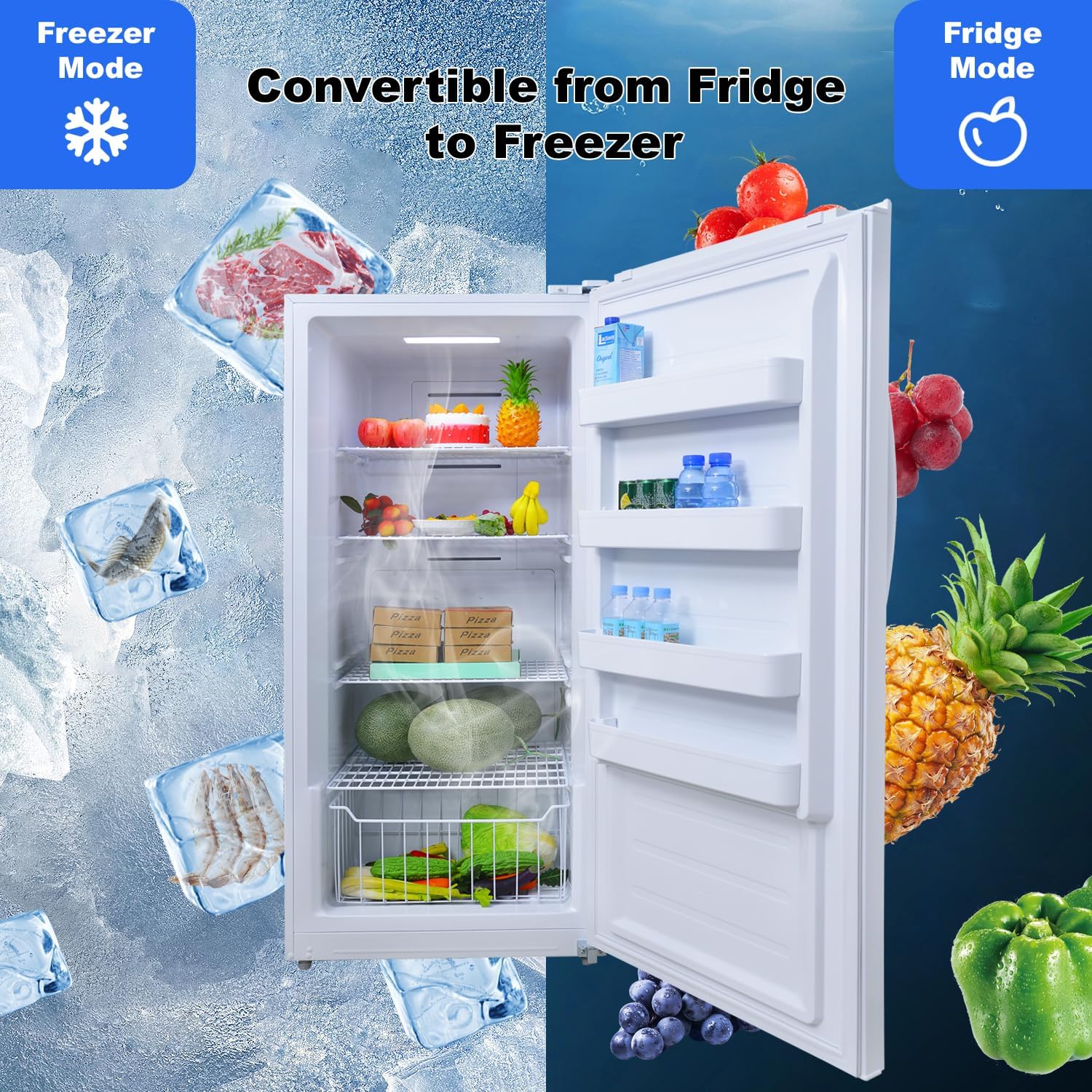 Stand Up Freezer 14 Cu. Ft, Upright Freezer Frost Free, Convertible Refrigerator Garage Ready, Standing Deep Freezers Upright, Freezerless Refrigerator Vertical For Kitchen, Home, White