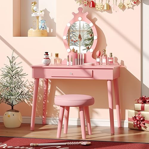 Vabches Kids Vanity with Lights, Vanity Set with Mirror and Stool, Wooden Makeup Dressing Princess Table with Drawer for Little Girls,Pink