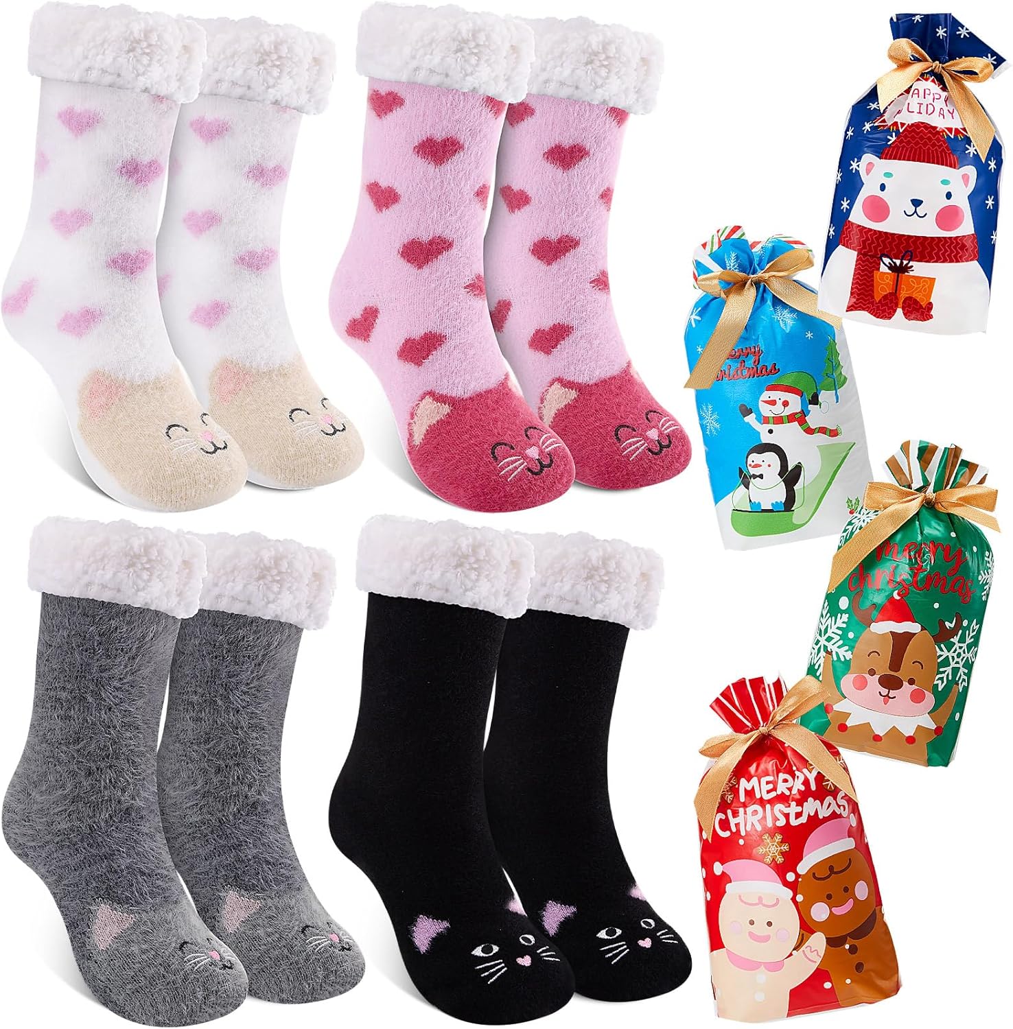 Foaincore 4 Pairs Fuzzy Cat Socks for Women Cute Warm Winter Animal Slipper Socks Bulk with Christmas Gift Bag Fleece Lined Non Slip Grippers