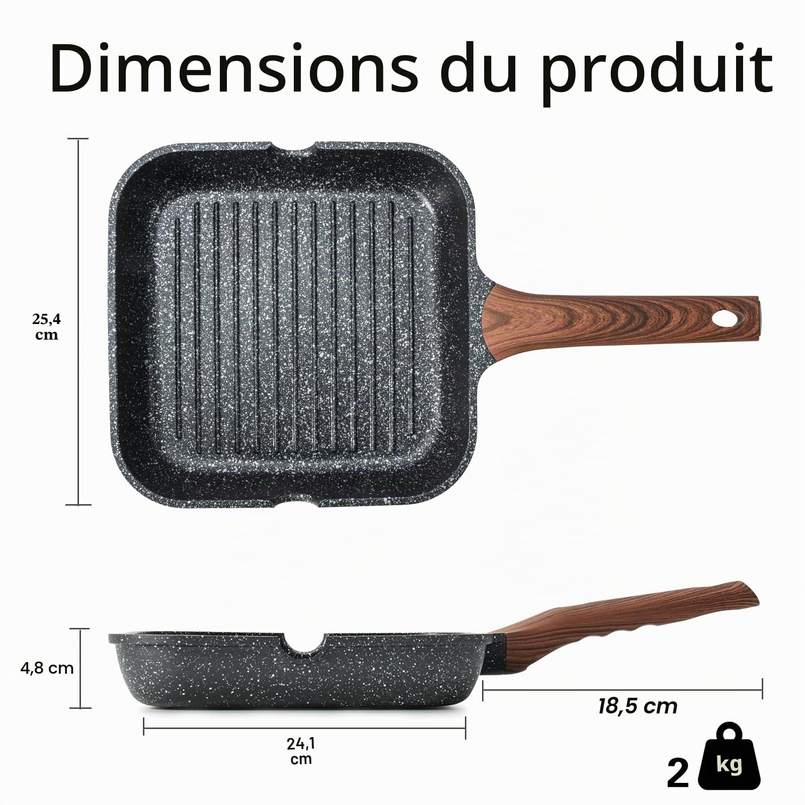 Kordisen Poêle à griller antiadhésive pour plaque de cuisson, 24 cm carré, avec revêtement en granit, bec verseur, compatible induction, poêle à steak polyvalente, sans PFOA