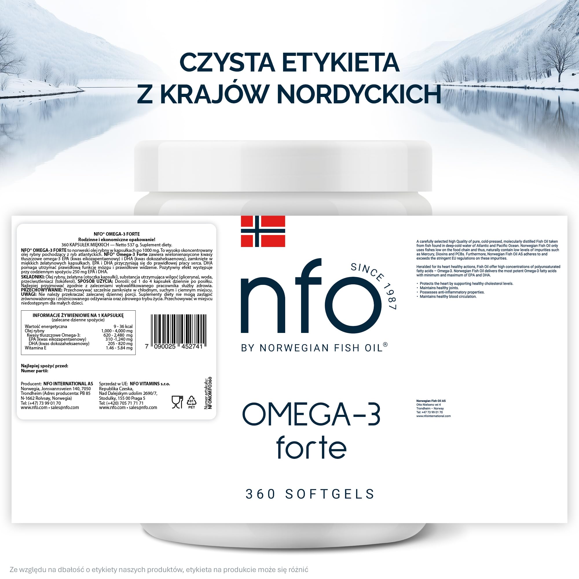 NFO Omega 3 Forte – 360 kapsułek | wysoka dawka oleju rybnego premium z Norwegii | z EPA DHA i witaminą E | Kształt estru etylowego | Opakowanie ekonomiczne | Made in Norway