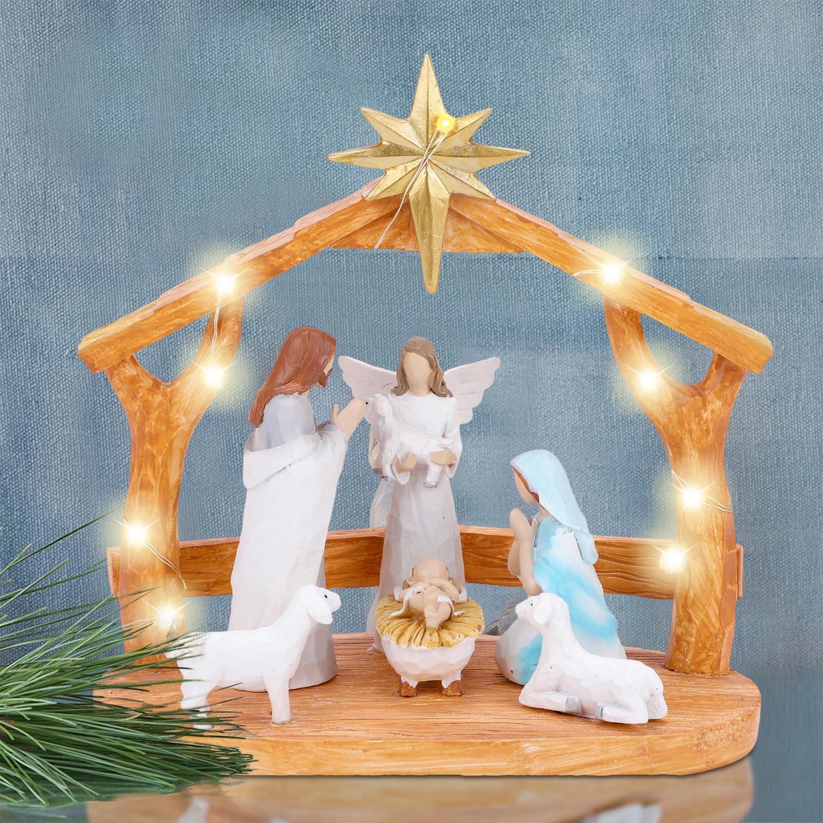 Buy Nativity Scene with LED String Lights, Sculpted Hand Painted