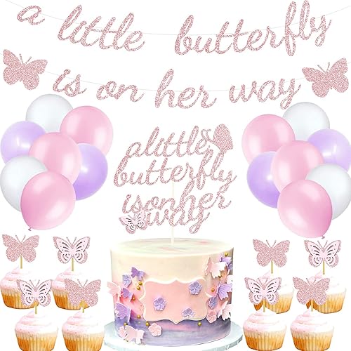 MATTTIME - Cartel con texto en inglés «A Little Butterfly Is On Her Way» para decoración de fiesta de baby shower, suministros de globo rosa y morado