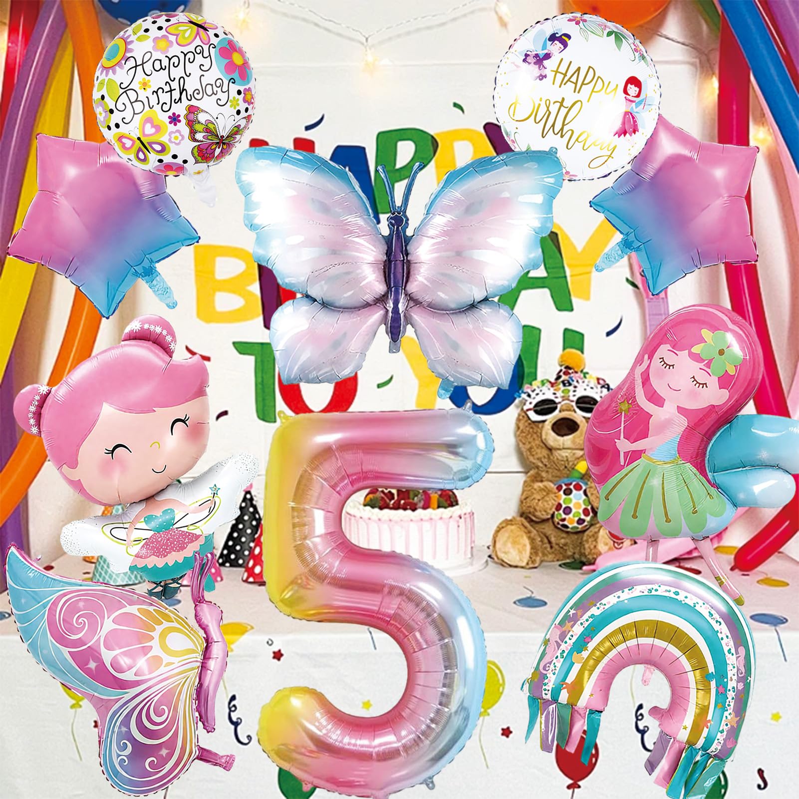 Vlinderdecoratie verjaardag, ballon 6e verjaardag, feeëndecoratie, regenboogster folieballon voor meisjes jubileum themafeest decoratie Vlinderdecoratie verjaardag, ballon 6e verjaardag, feeëndecoratie, regenboogster folieballon voor meisjes jubileum themafeest decoratie