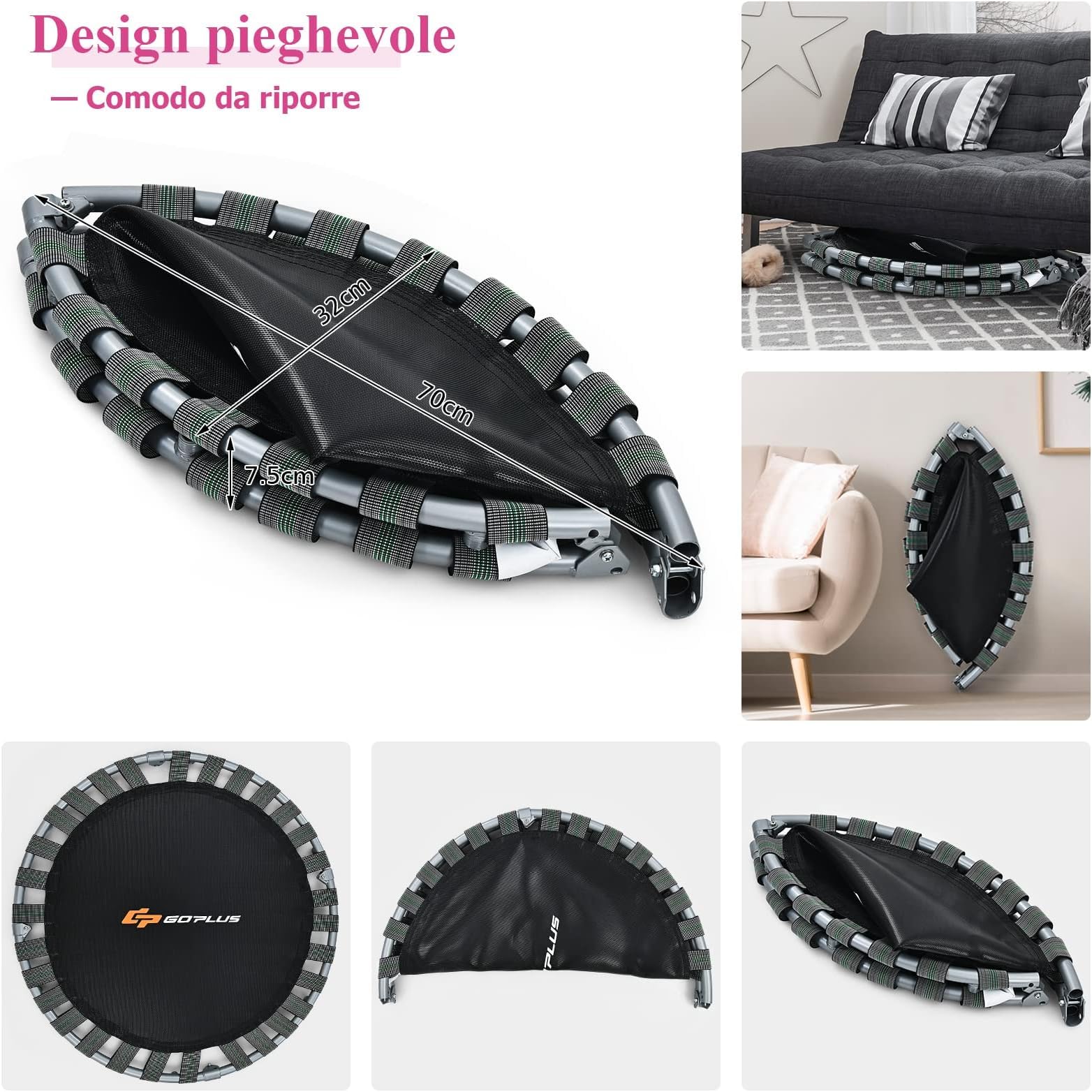GYMAX Trampolino Pieghevole per Bambini, Trampolino Elastico con Maniglia Staccabile, con Struttura in Ferro, Portata 150 kg, Ideale per Interno ed Esterno, 92x92x80 cm (Rosa)