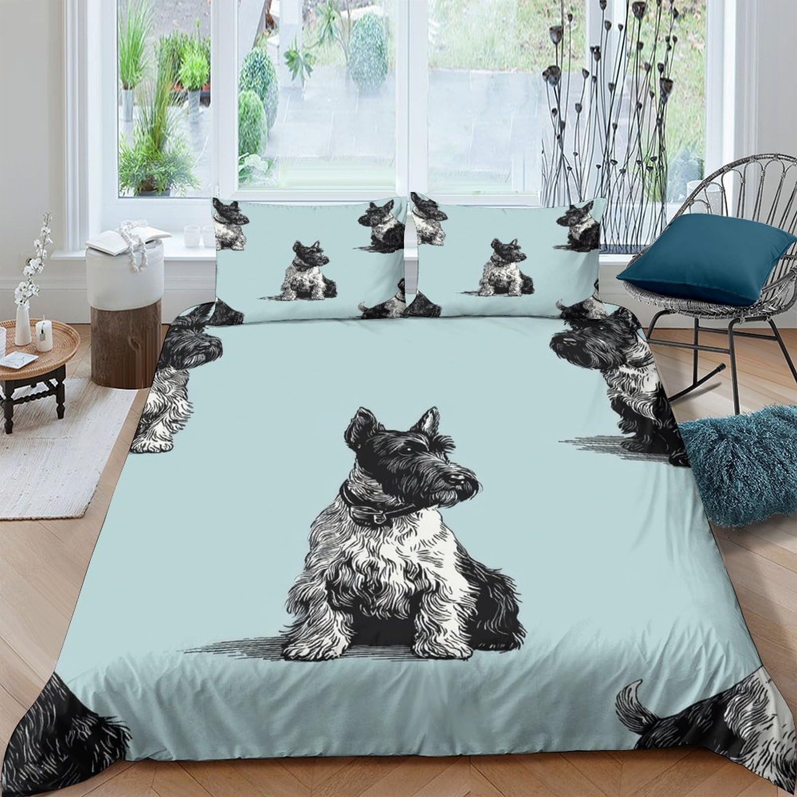 GPLZQXKJNH 3D Printed Schnauzer Dog Duvet Cover Microfiber Soft Breathable Light Blue Bedding Set with 2 Pillowcases for Bedroom Home Decor Single（135x200cm）
